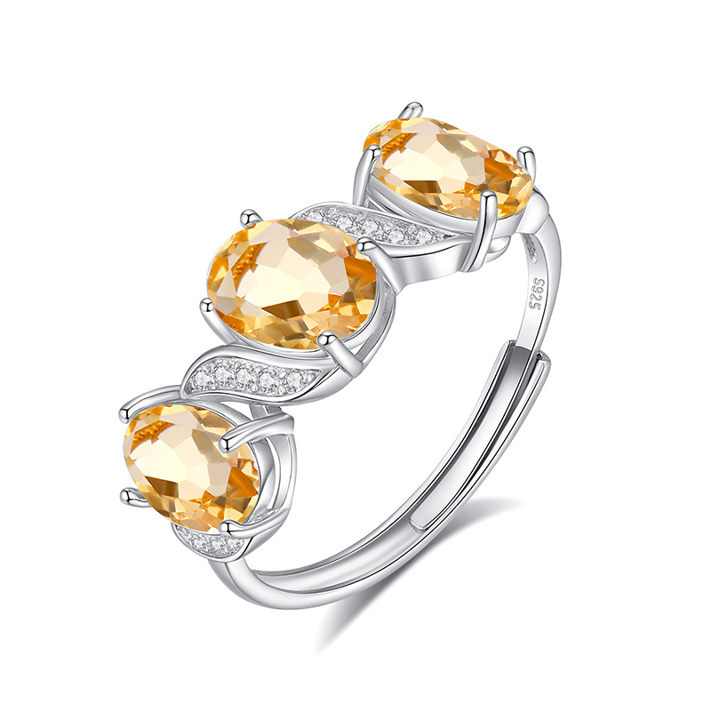 Geometric S925 Silver Ring with 3 Citrine Stones