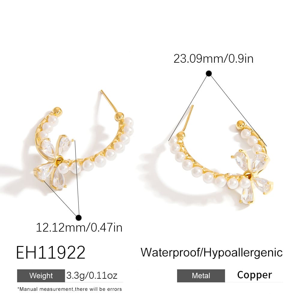 Gold Plated Earrings Studs – Asymmetrical CZ, Pearl & Floral C-Hoop Drops (3 Styles)
