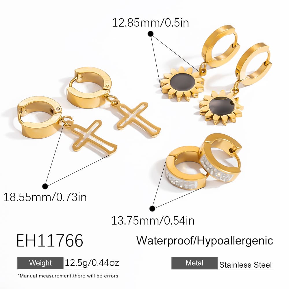 Gold Plated Earring Set – Butterfly, Cross & Pearl Studs with Round Bead & Heart Dangles (3-Piece)