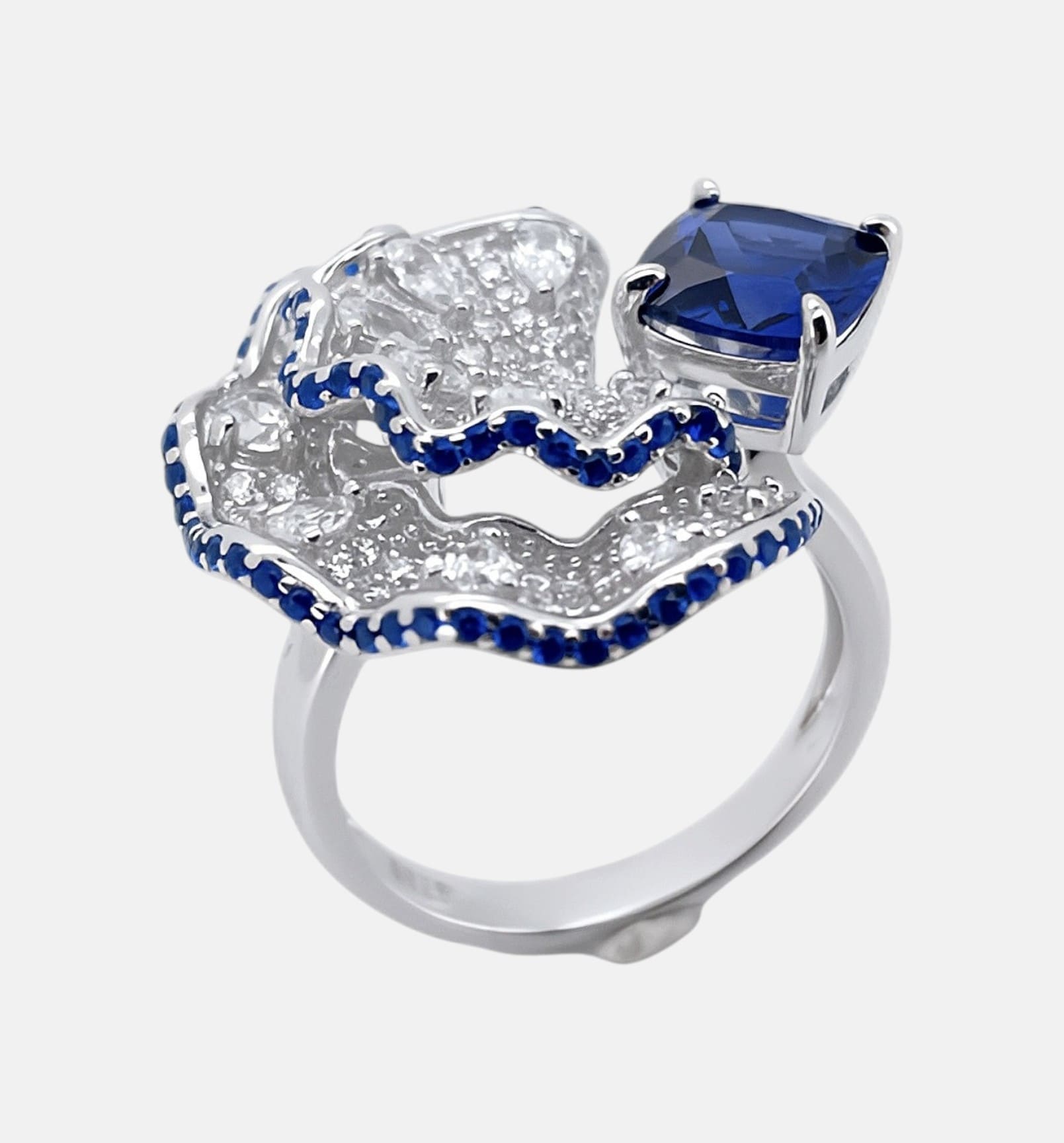 S925 Sterling Silver Fan-Shaped Sapphire Open Ring – European Bold Style