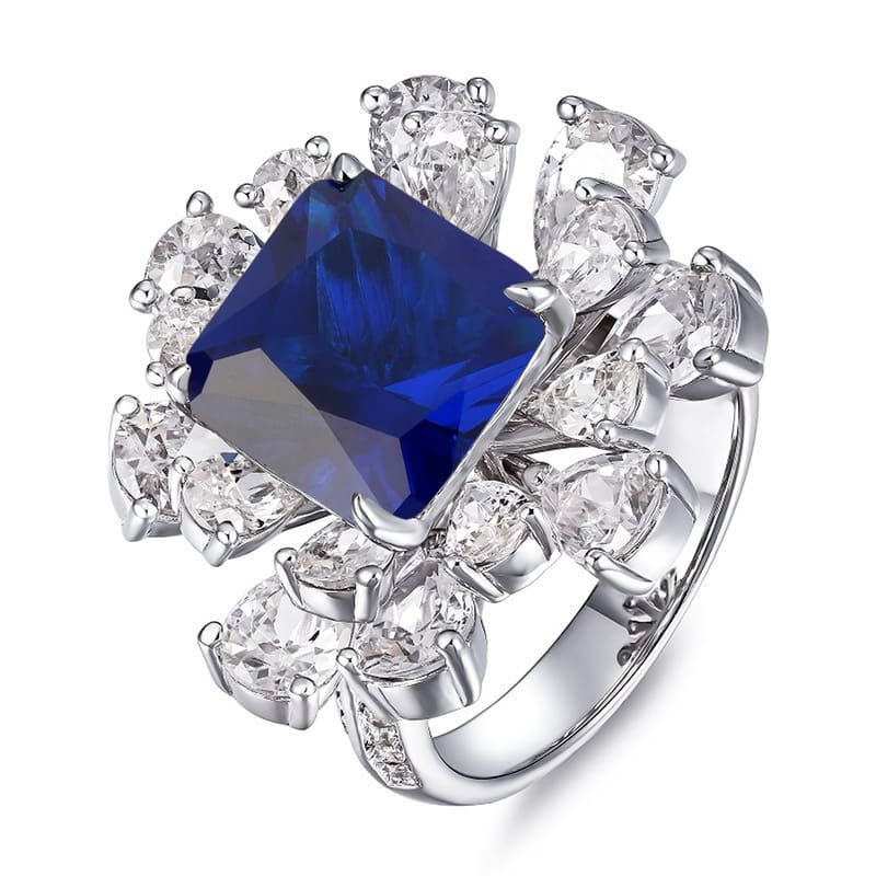 Sapphire Ring – 4.5ct Square Sapphire Sterling Silver with Lab Gemstones