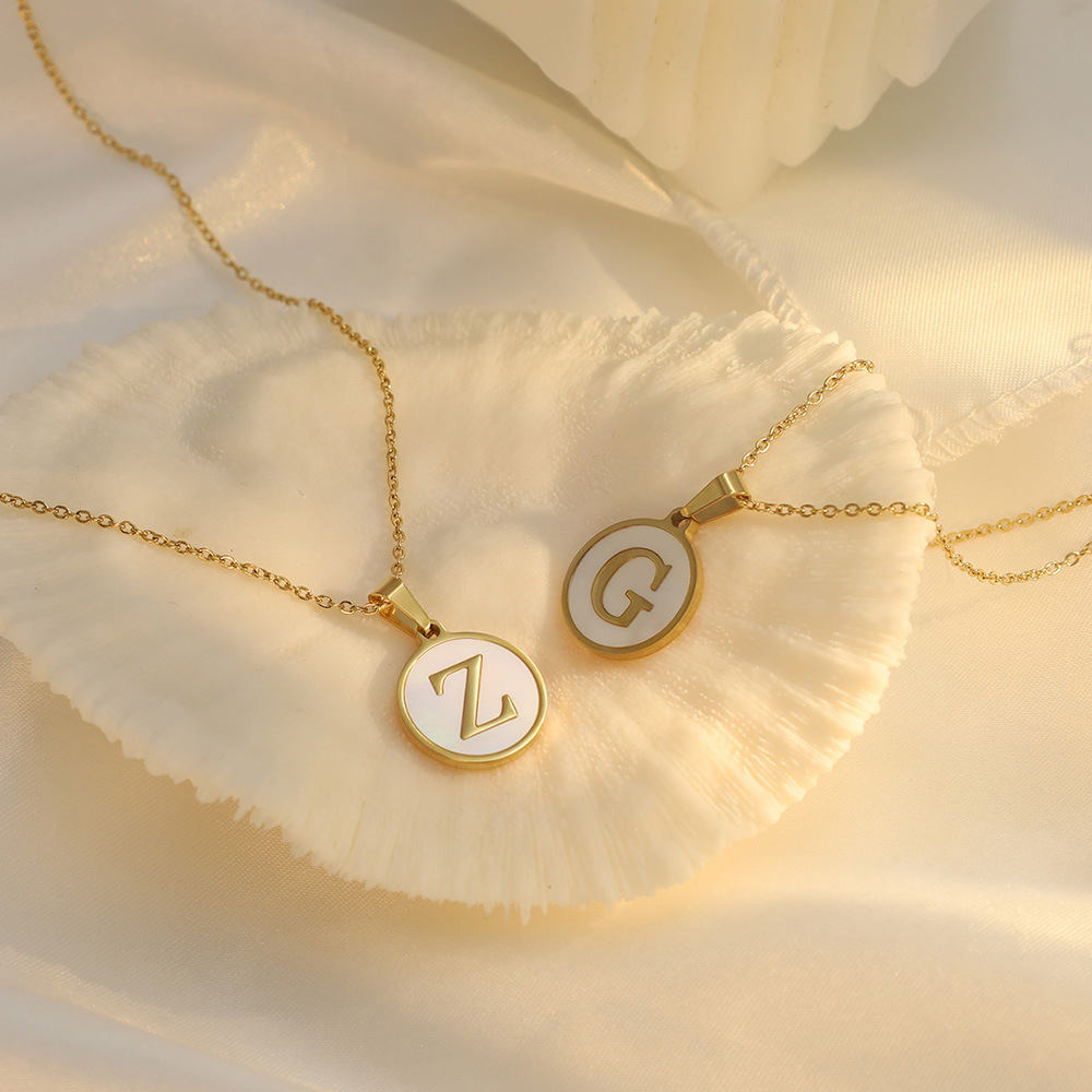 Initial Necklace – Mother of Pearl Round Alphabet Pendant