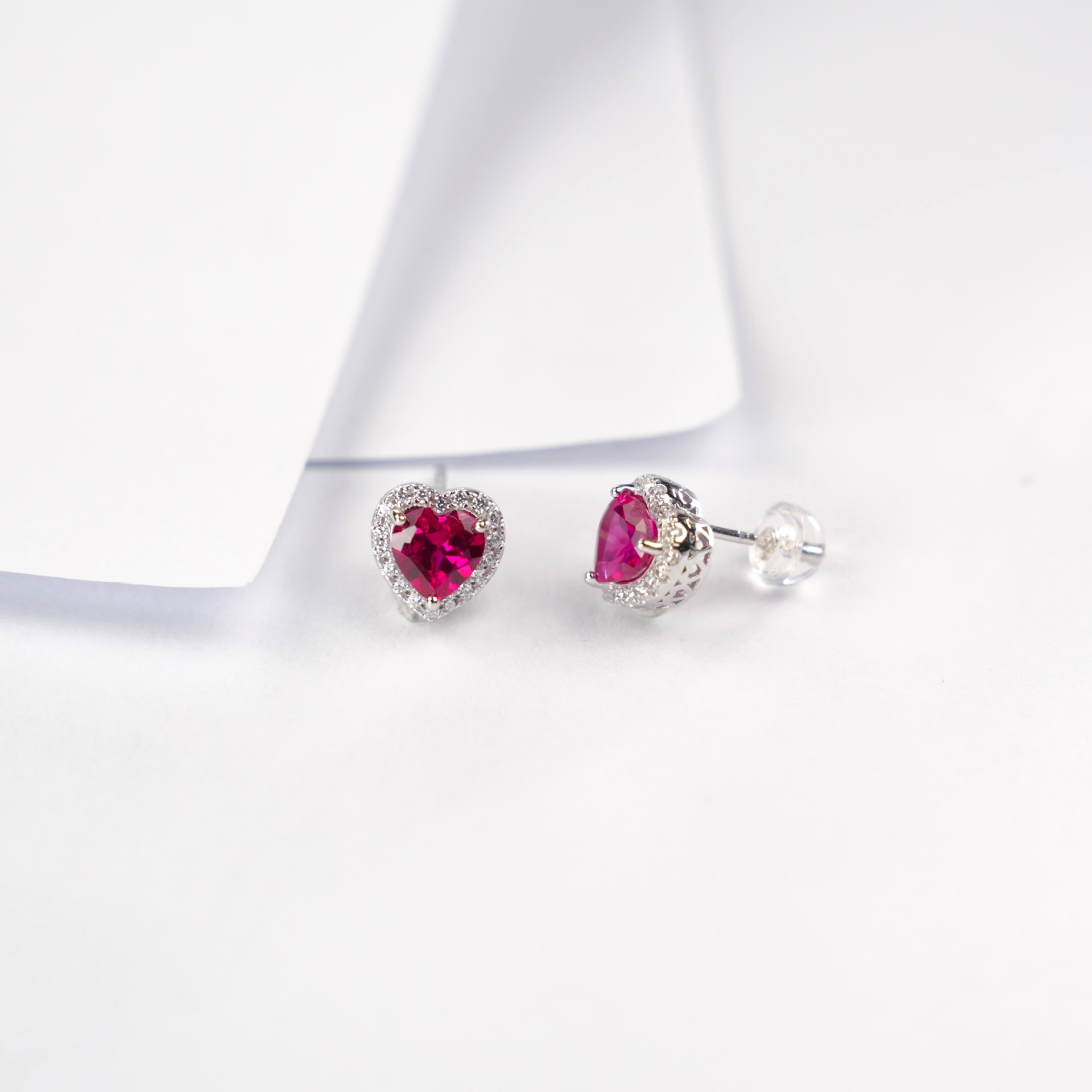 Heart-Shaped Pave Lab-Grown Ruby Earrings – S925 Silver Luxury