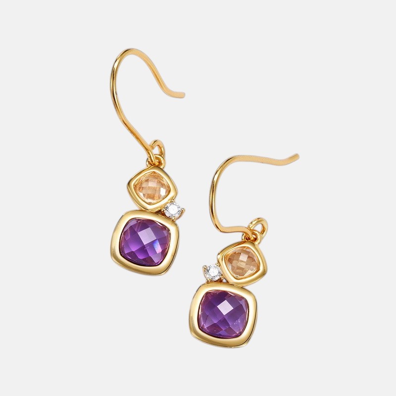 February Birthstone Candy-Cut Drop Earrings | Amethyst-Inspired | 925 Silver with 10K Gold