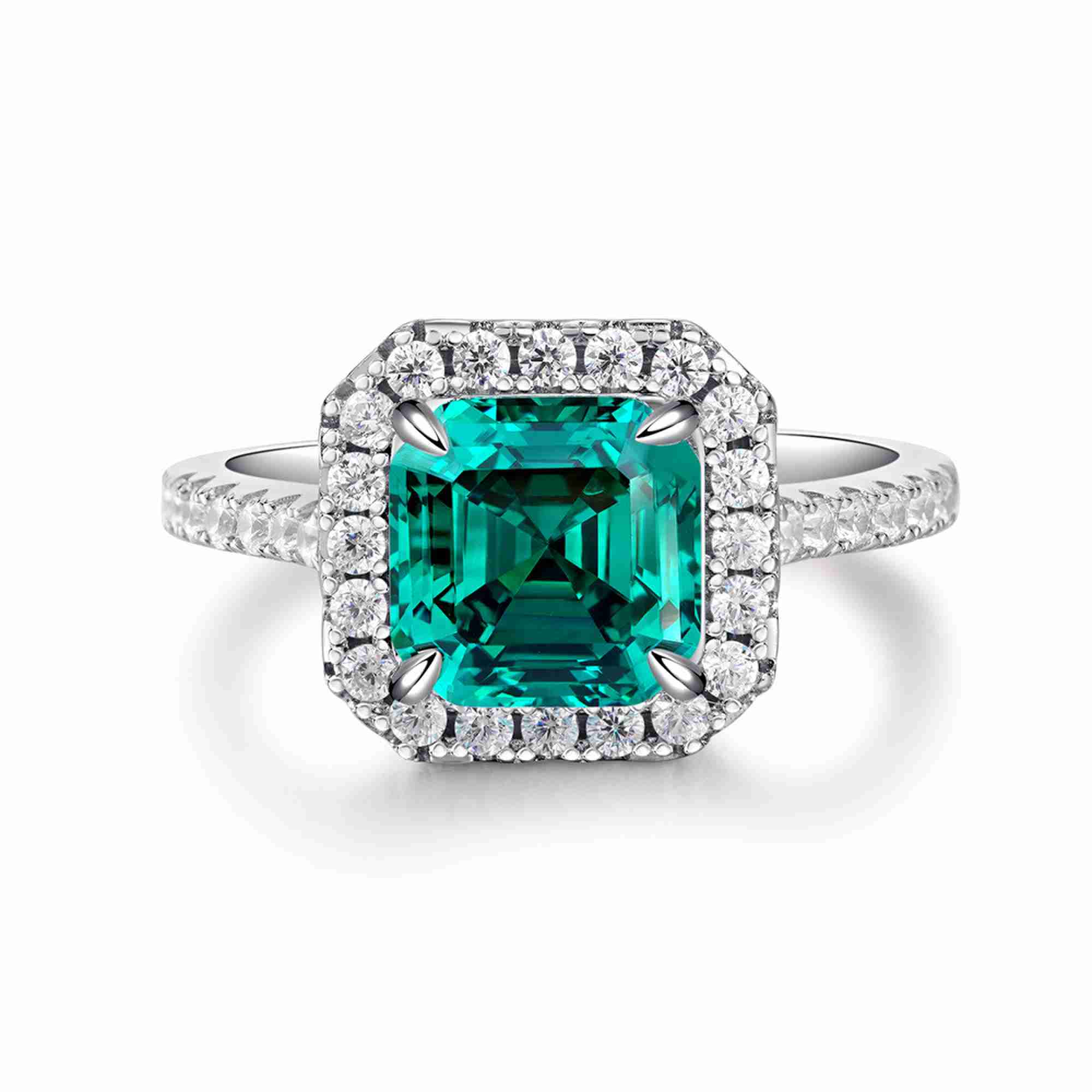 Emerald tone princess cut ring with pave halo, US size 7