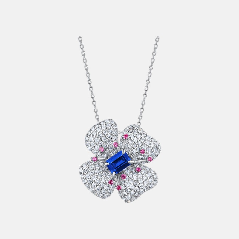 Four-Leaf Clover Sapphire Necklace S925 Sterling Silver with Full Pavé Diamonds