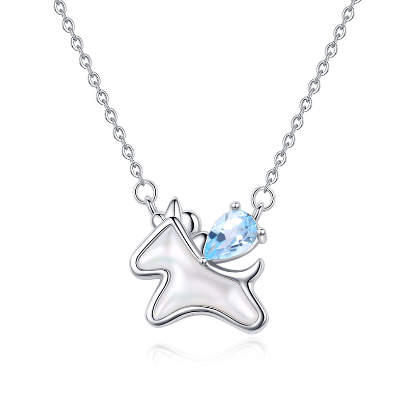 Unicorn silver necklace with blue topaz – magical December birthstone jewelry