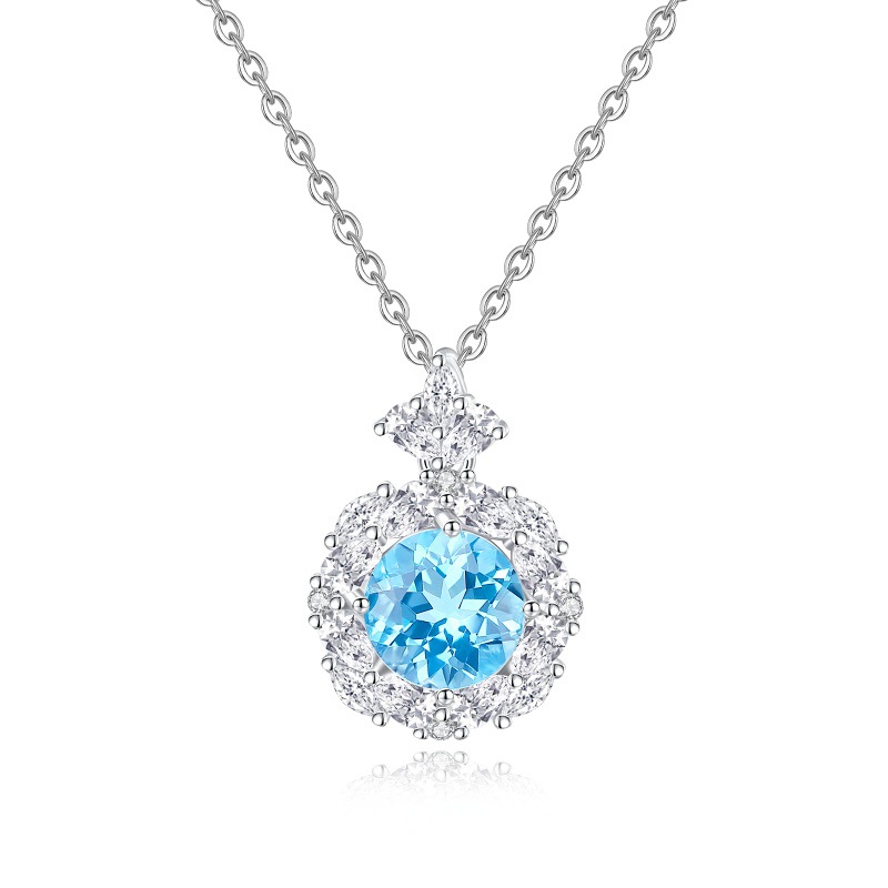 S925 silver blue topaz ice flower charm necklace – December birthstone pendant