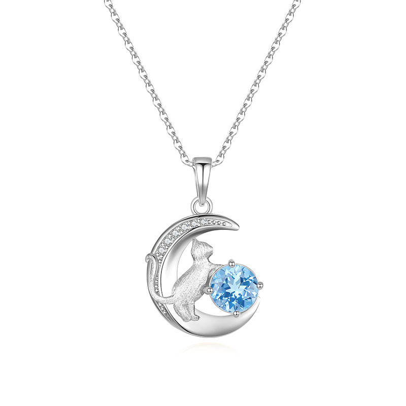 Moon Cat Necklace – S925 Silver Natural Gemstone Pendant | Blingku