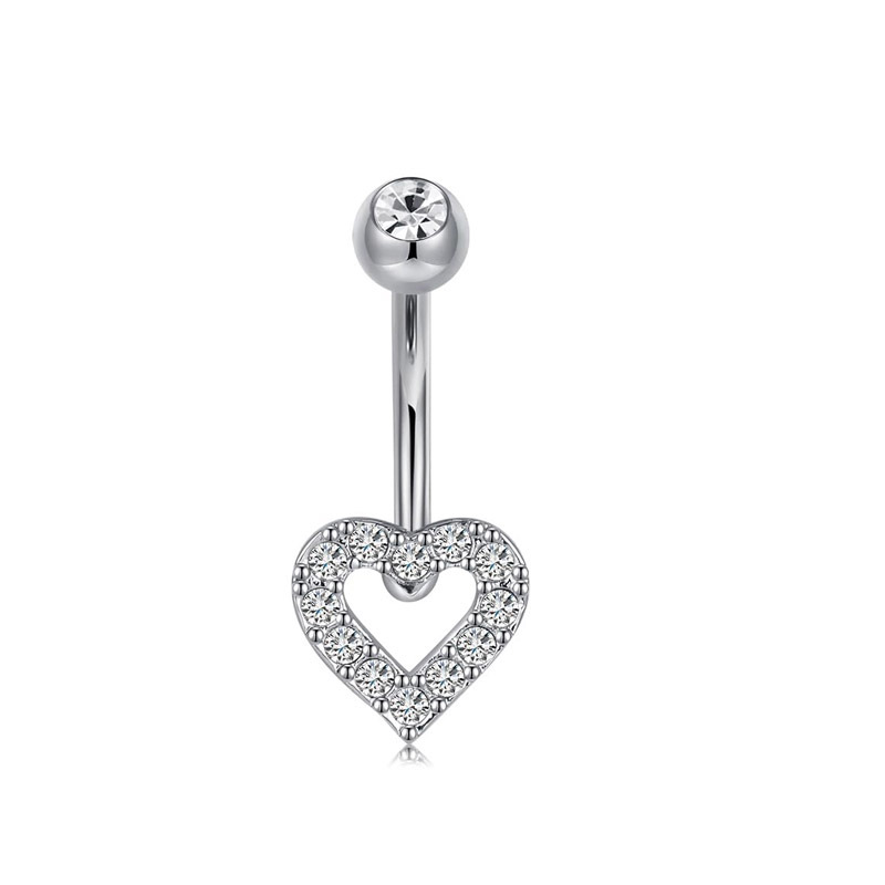 Heart CZ Belly Piercing Ring – Double Gem Curved Barbell 14G