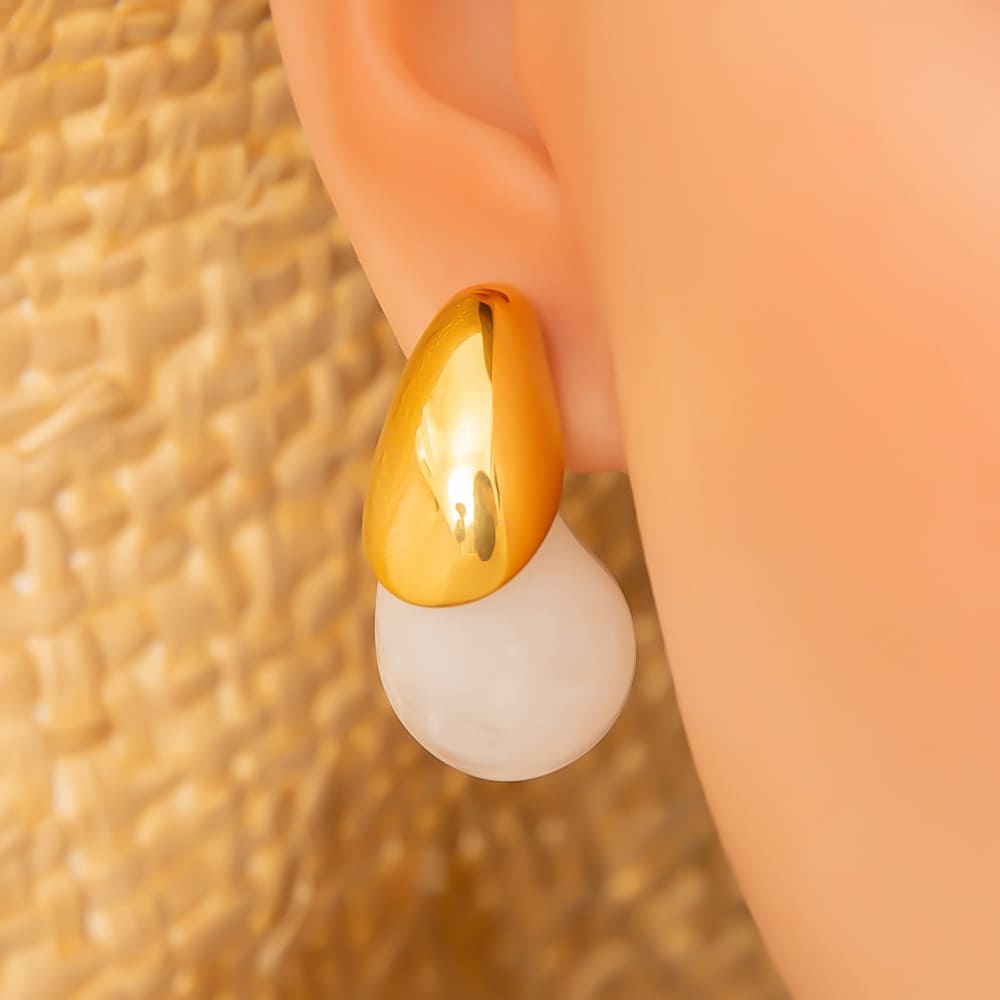 18K Gold Plated Earrings – Minimalist Stainless Steel Drop Hoops with Stone & Acrylic Pendant