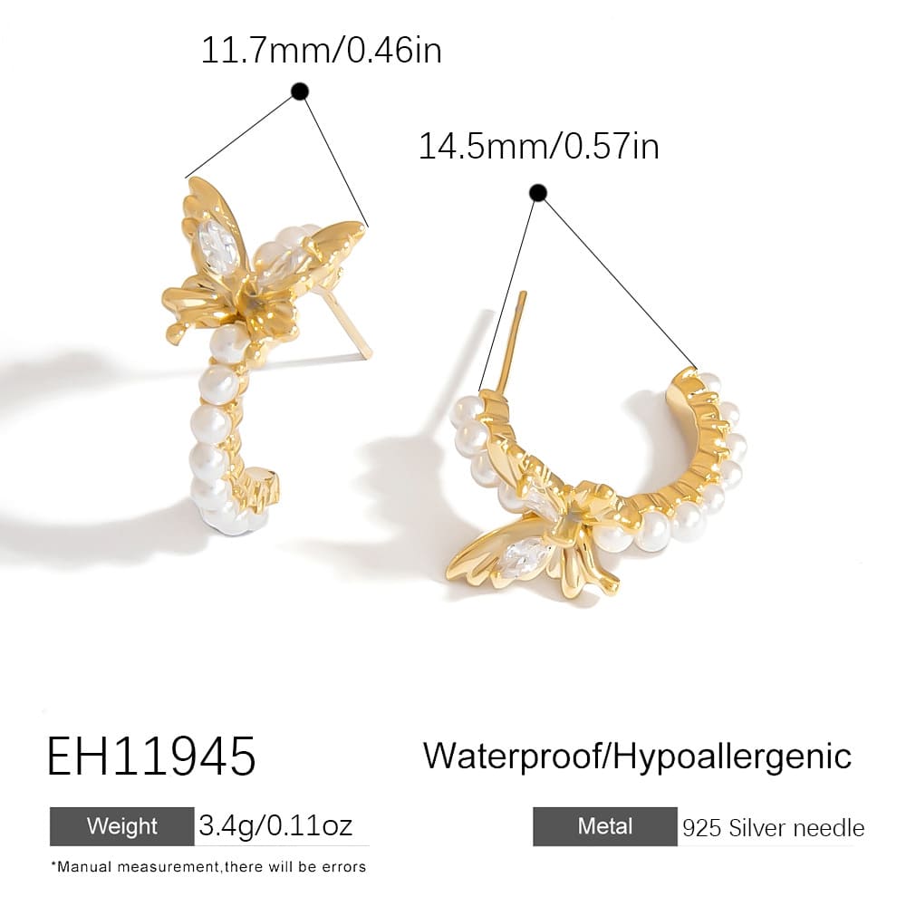 Gold Plated Stud Earrings – 925 Silver Butterfly, Pearl & CZ C-Shape Studs (3 Styles)