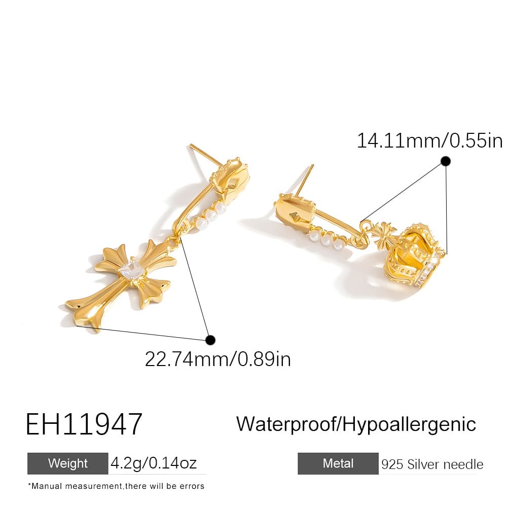 Cross Earrings – Asymmetrical Crown, Star & Moon Studs with 925 Silver Posts (3 Styles)