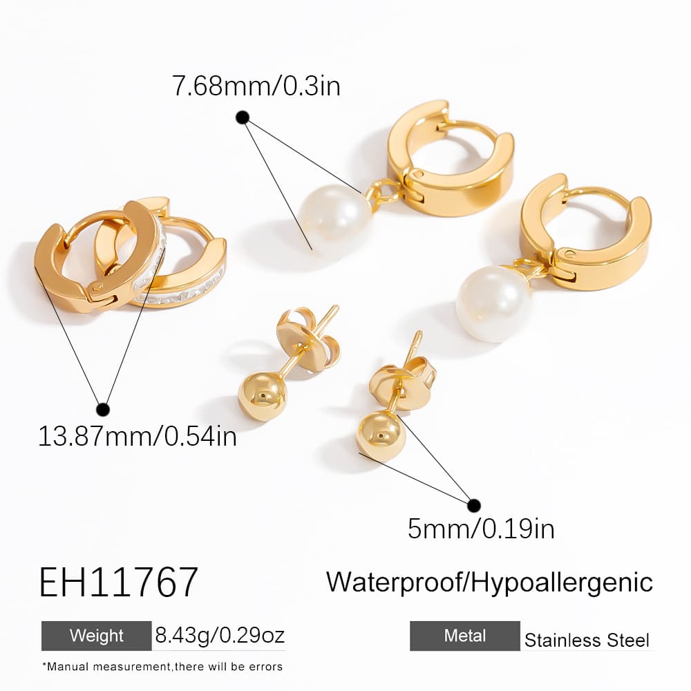 Gold Plated Earring Set – Butterfly, Cross & Pearl Studs with Round Bead & Heart Dangles (3-Piece)