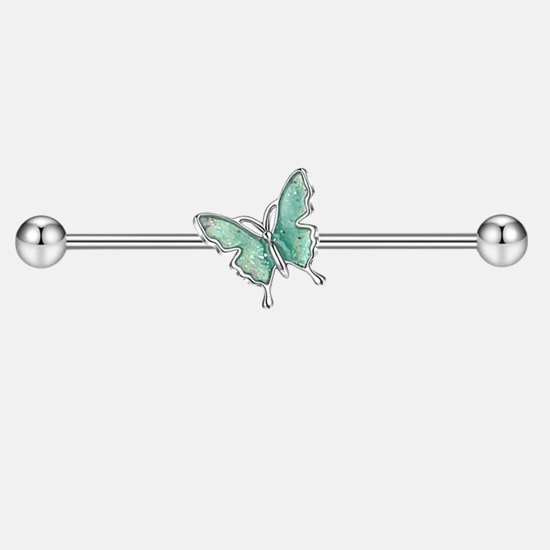 Long Bar Body Jewelry – 14G Industrial External Thread Barbell with Pearl & Butterfly