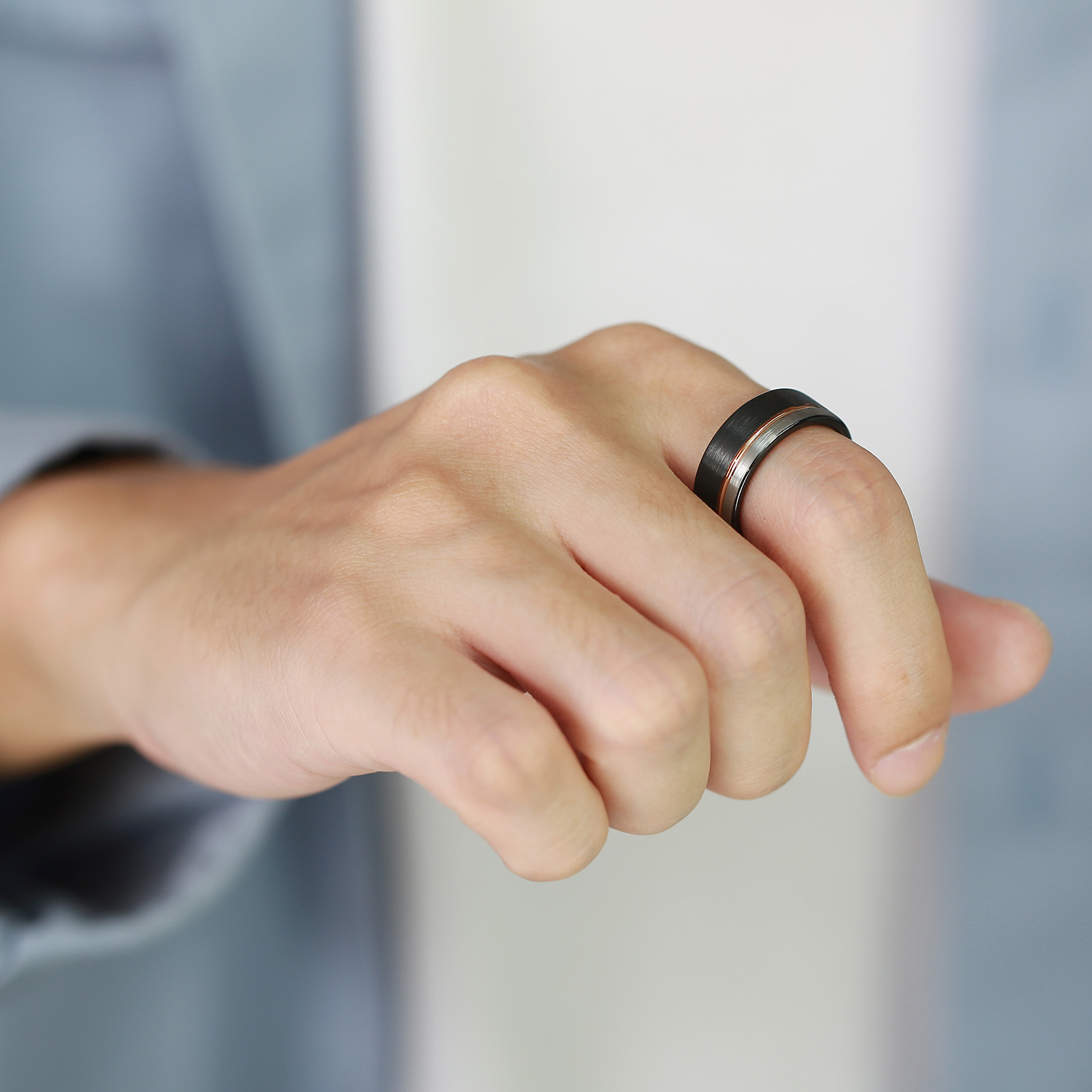 Men's Tungsten Ring 8mm Black with Rose Fluted Index Finger Ring-Birthstone Jewelry