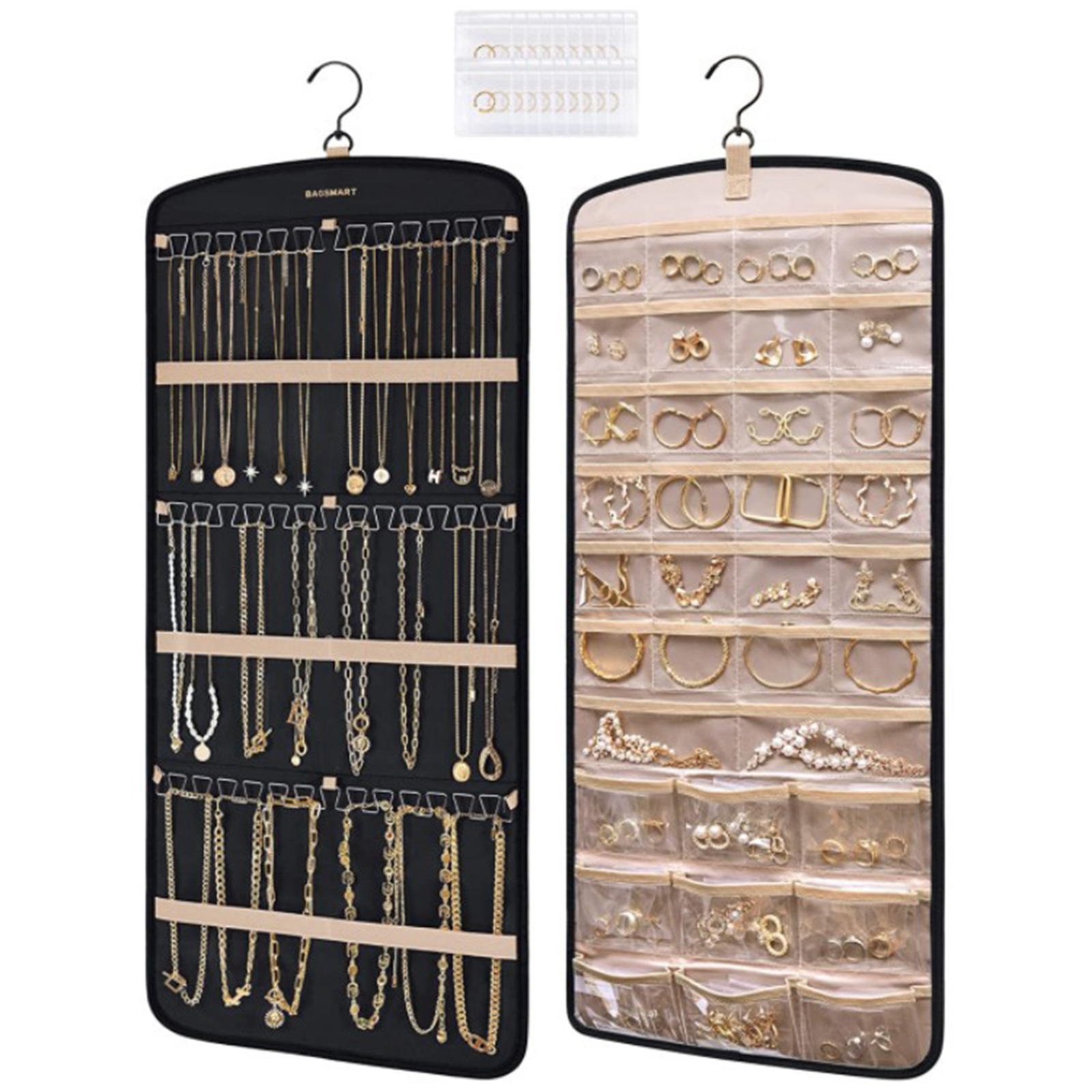 Double-Sided Hanging Jewelry Roll – Metal Hook Earring Organizer