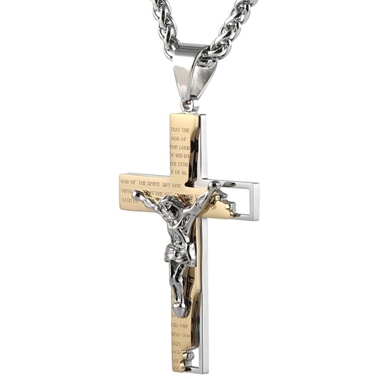 Men's Stainless Steel Cross Crucifix Bible Prayer Pendant Necklace 22+2" Chain-Birthstone Jewelry