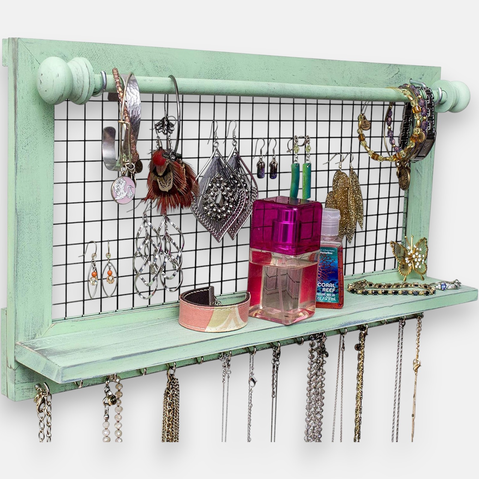 Wooden Wall-Mounted Jewelry Organizer – Removable Bracelet Rod & Earring Holder