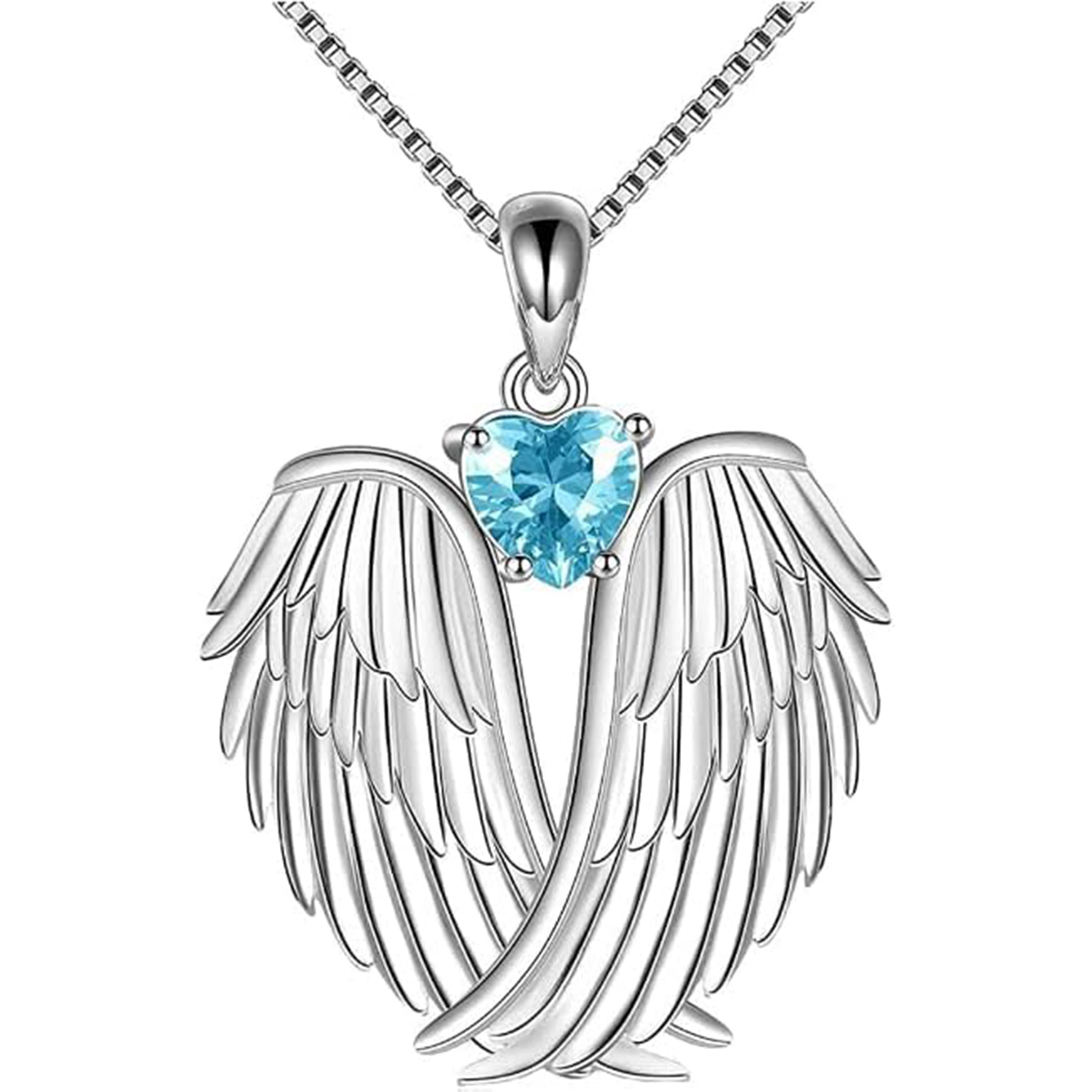 Mar Birthstone Angel Wings Necklace 925 Silver Xmas Gift Women