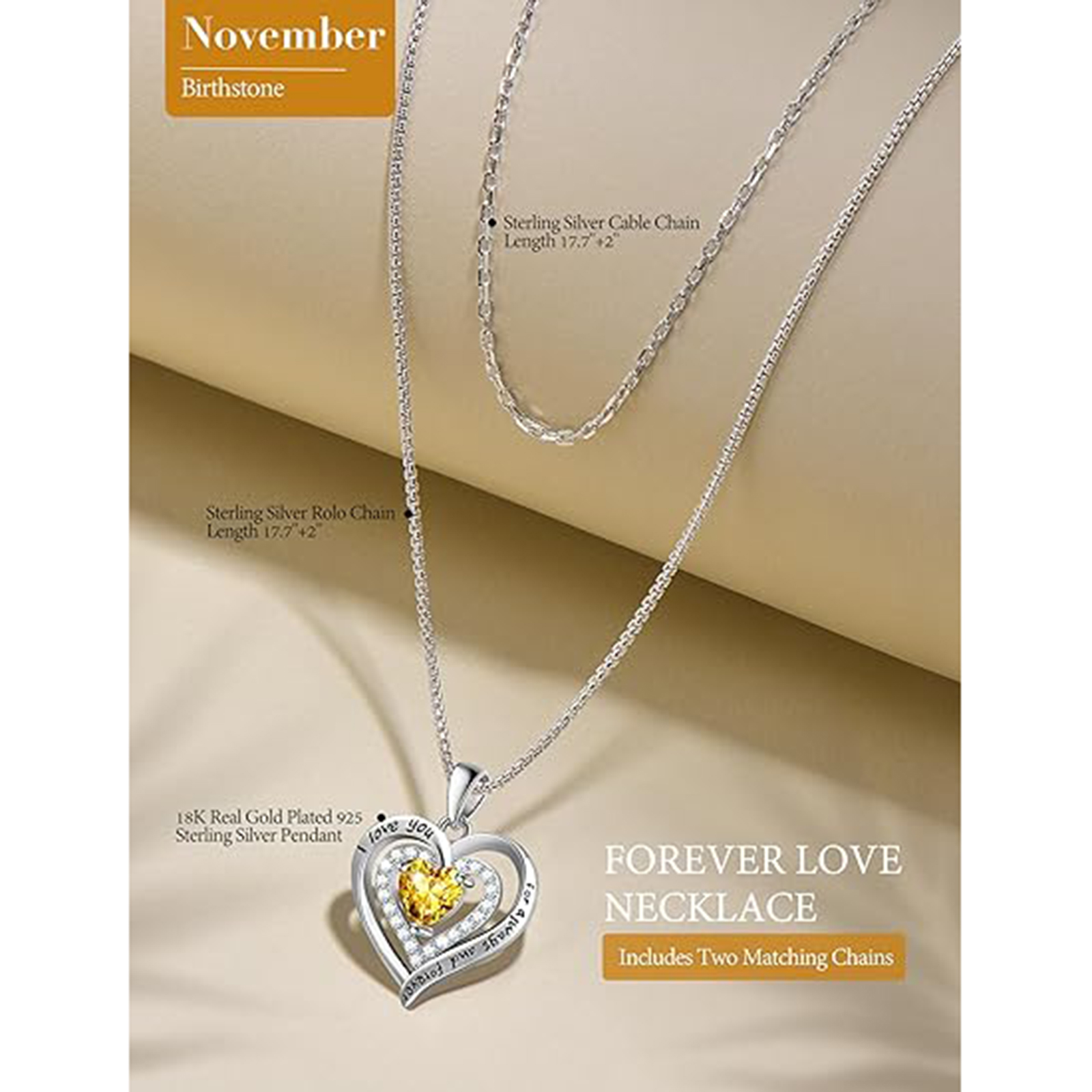 November Citrine Sterling Silver Necklace – Birthstone Gift for Mom