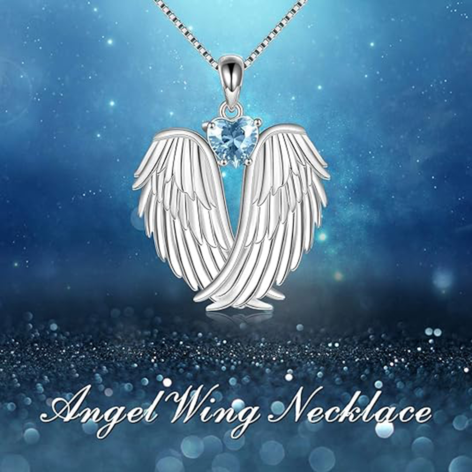 Mar Birthstone Angel Wings Necklace 925 Silver Xmas Gift Women