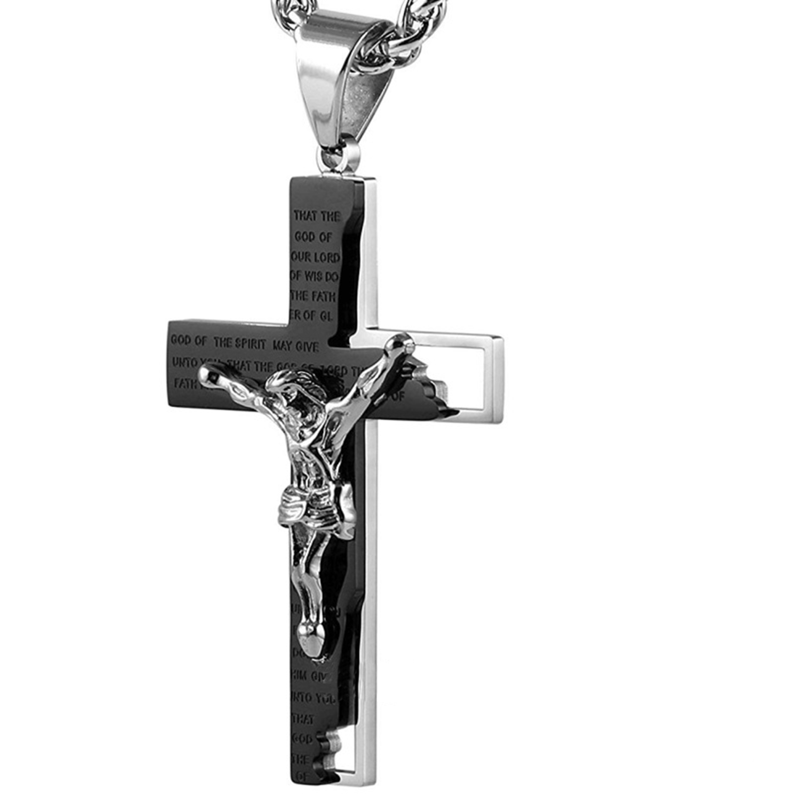 Men's Stainless Steel Cross Crucifix Bible Prayer Pendant Necklace 22+2" Chain-Birthstone Jewelry