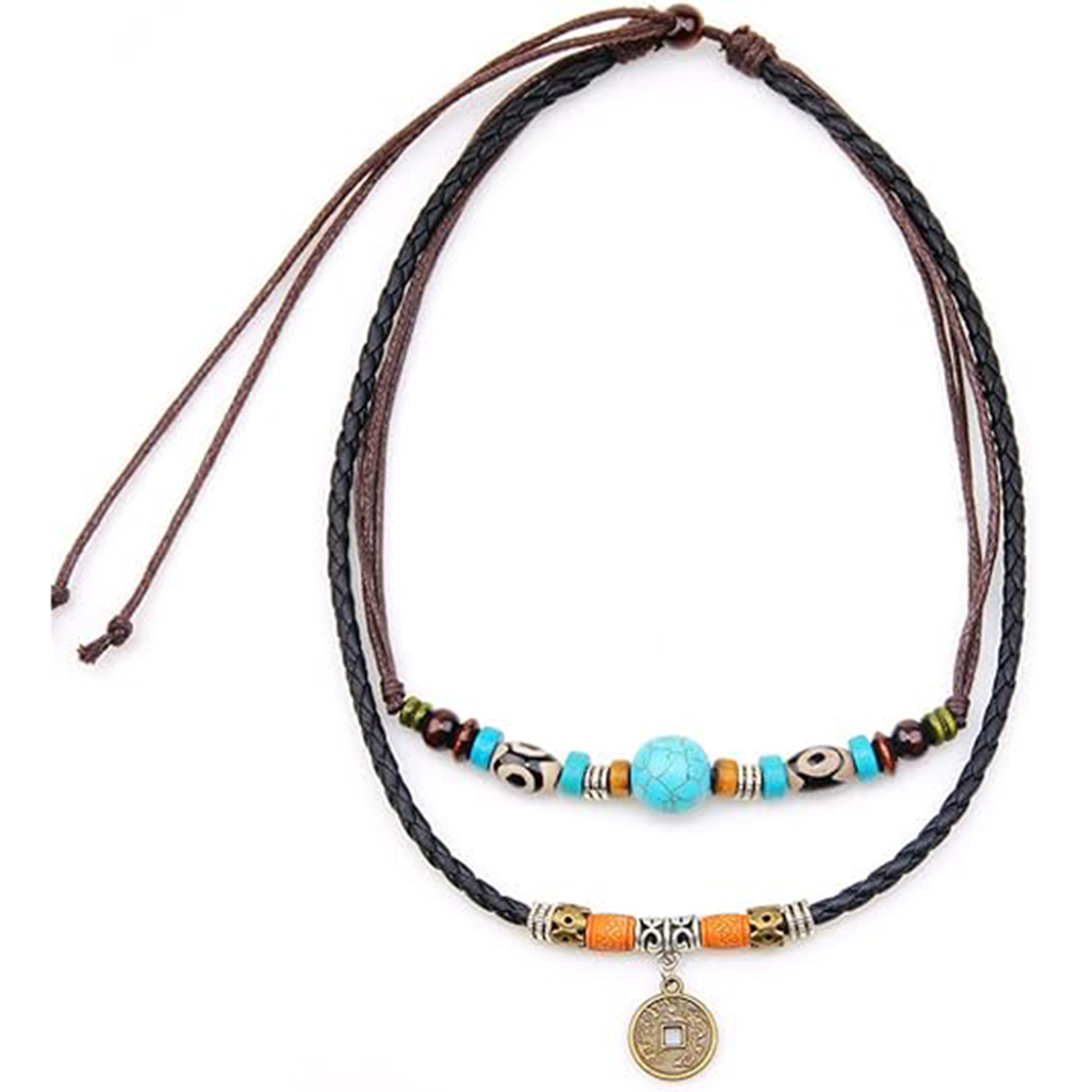Leather Tribal Necklace with Cross Charm  and Teeth Pendant