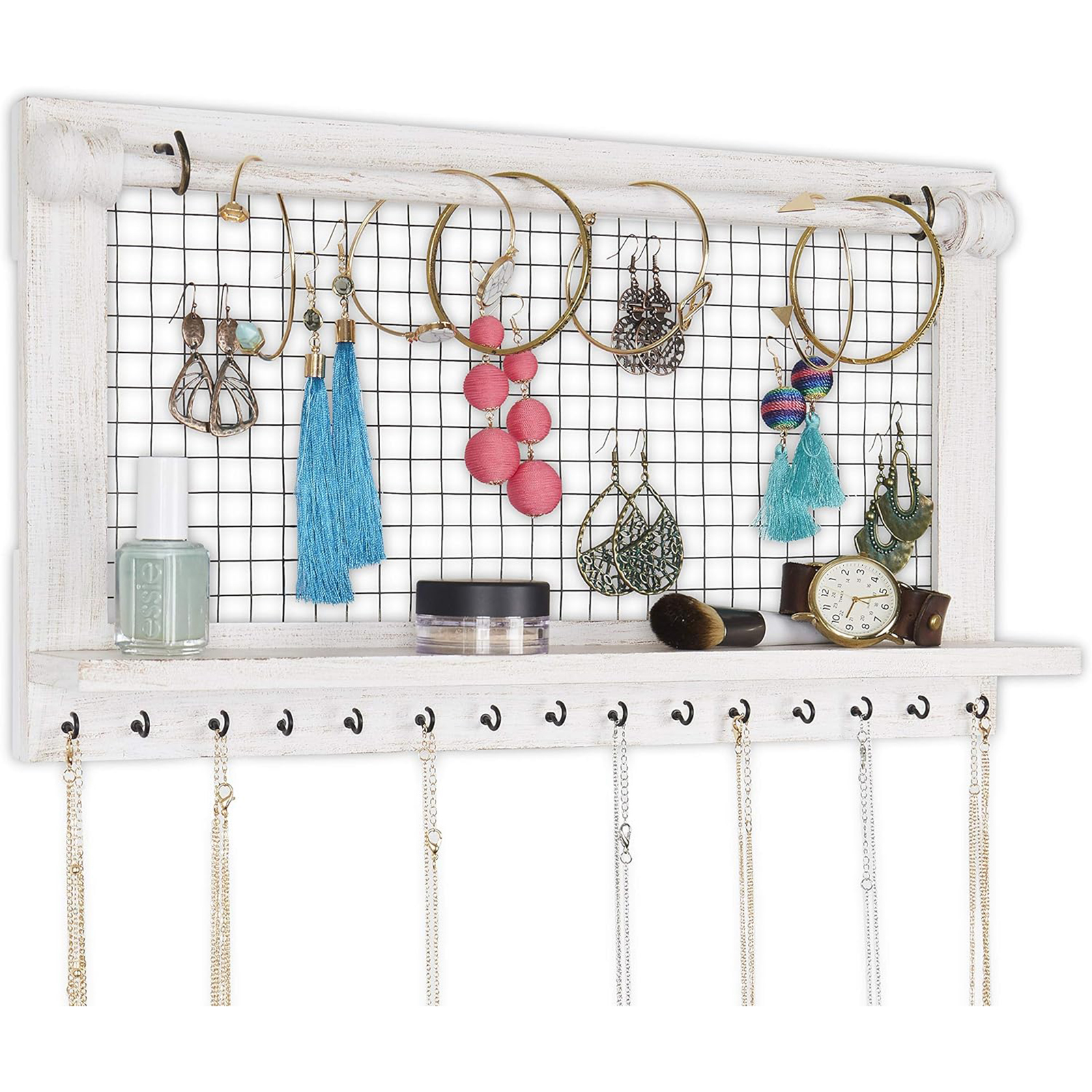 Wooden Wall-Mounted Jewelry Organizer – Removable Bracelet Rod & Earring Holder