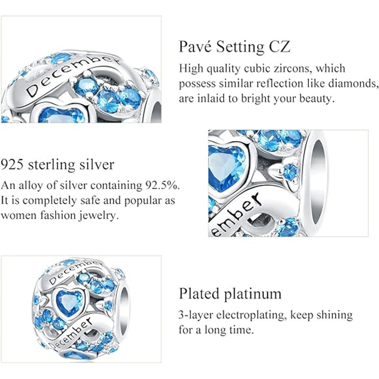 December Birthstone Birthstone Charm Jewelry Infinity Love Heart Charm Openwork Bead