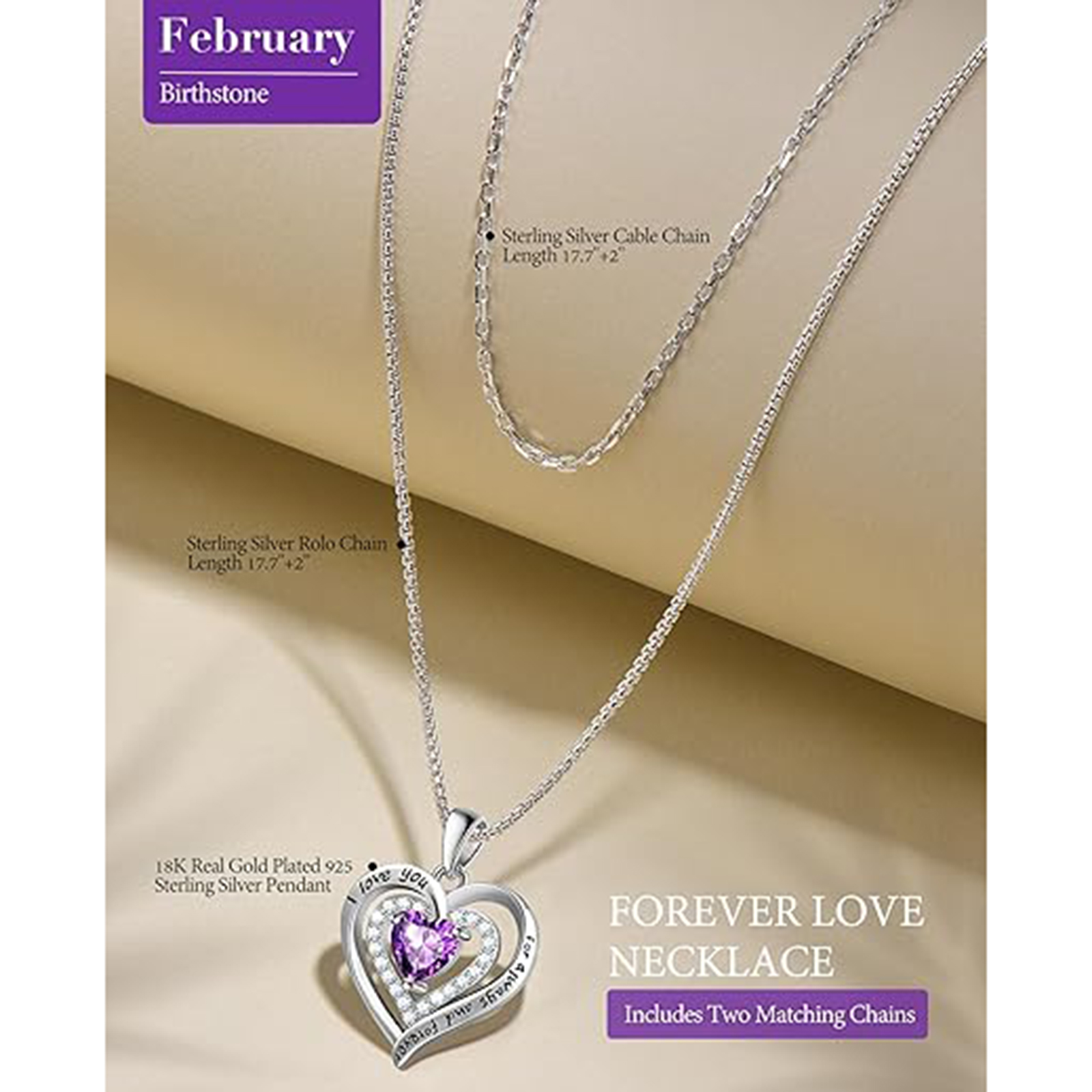 February Birthstone 925 Sterling Silver Birthstone Necklace