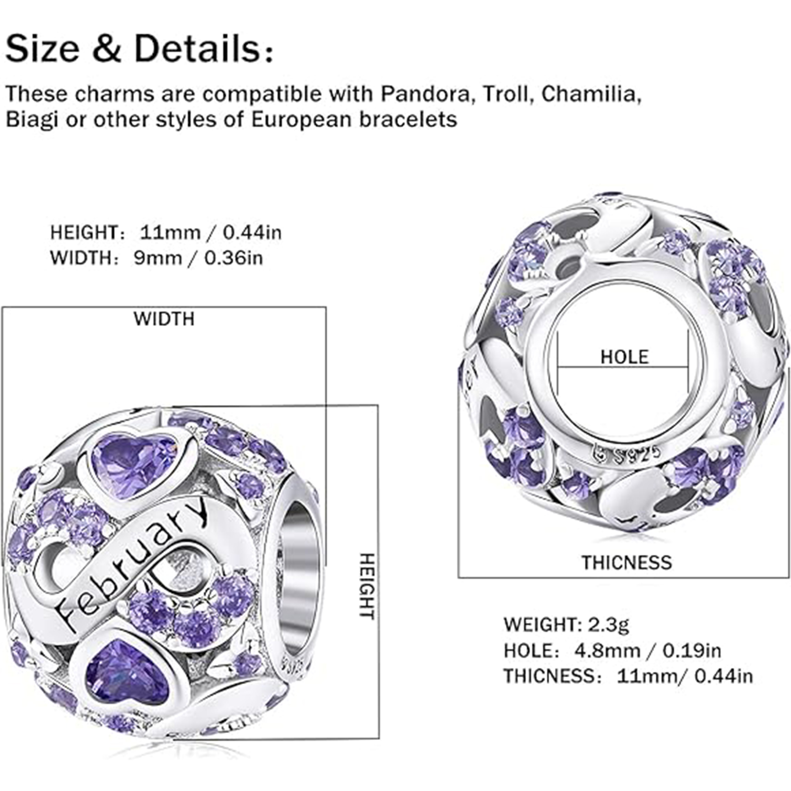 February Birthstone Birthstone Charm Jewelry Infinity Love Heart Charm Openwork Bead