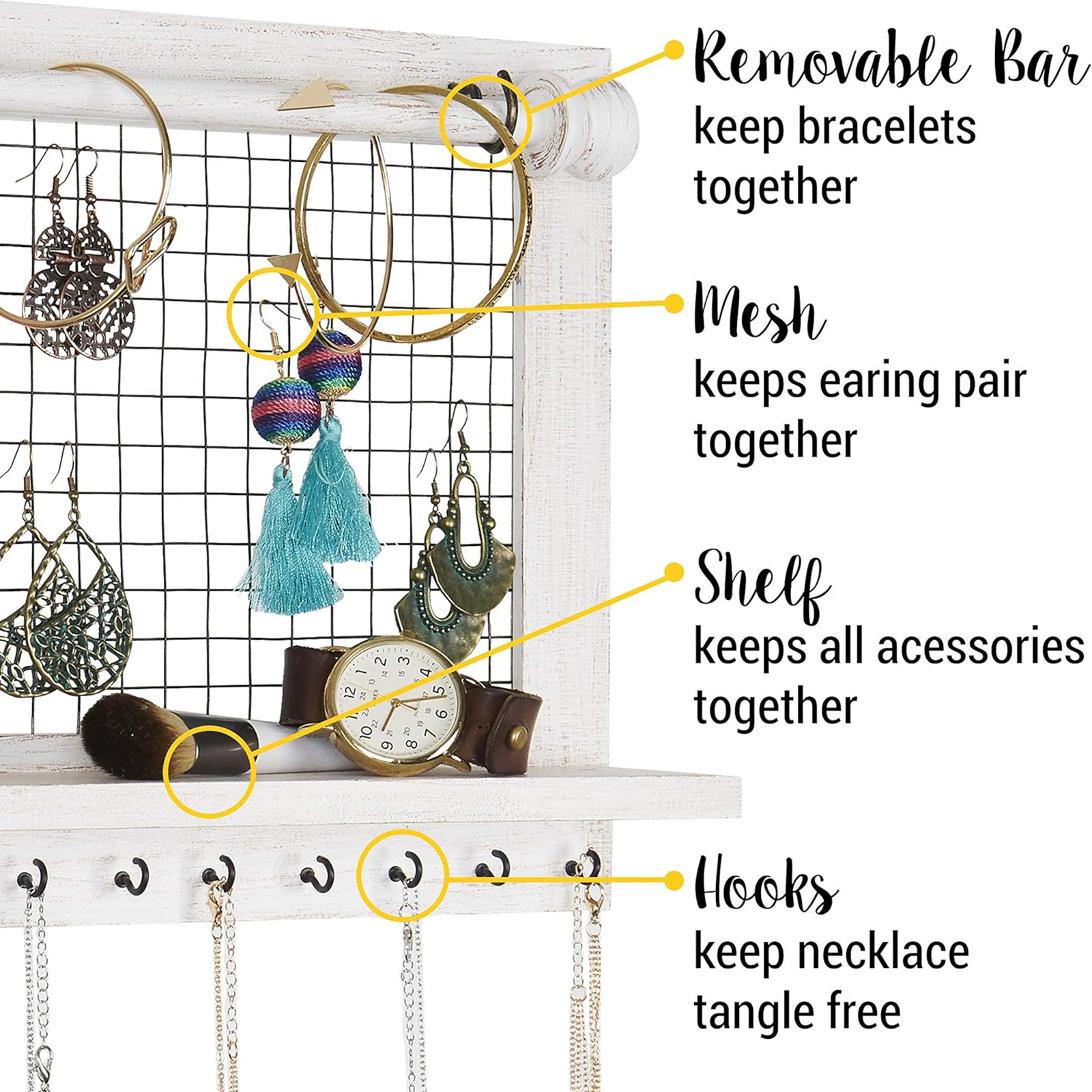Wooden Wall-Mounted Jewelry Organizer – Removable Bracelet Rod & Earring Holder