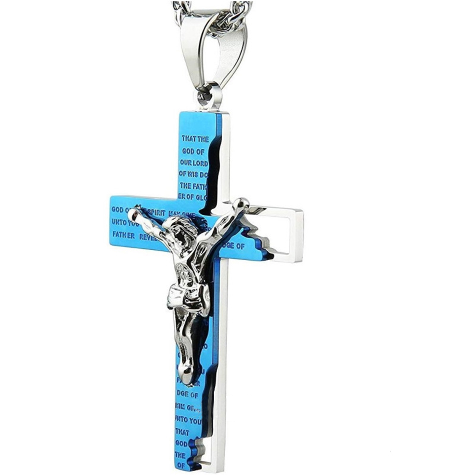 Men's Stainless Steel Cross Crucifix Bible Prayer Pendant Necklace 22+2" Chain-Birthstone Jewelry