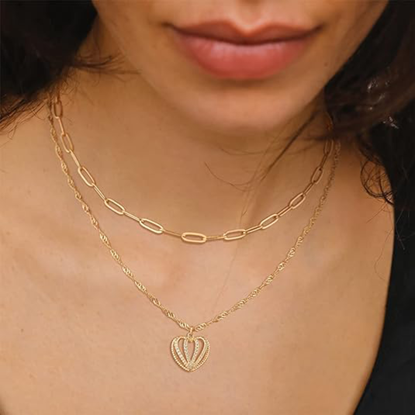 Layered Gold Heart Necklace 18K Gold Plated-Birthstone Jewelry