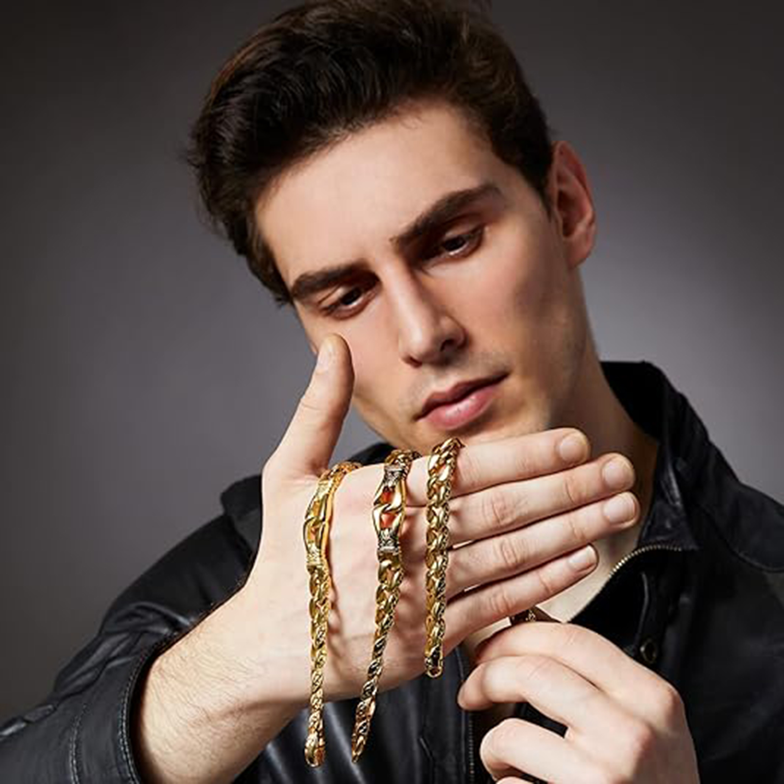 Steel Men's link Bracelet Silver Black-Birthstone Jewelry