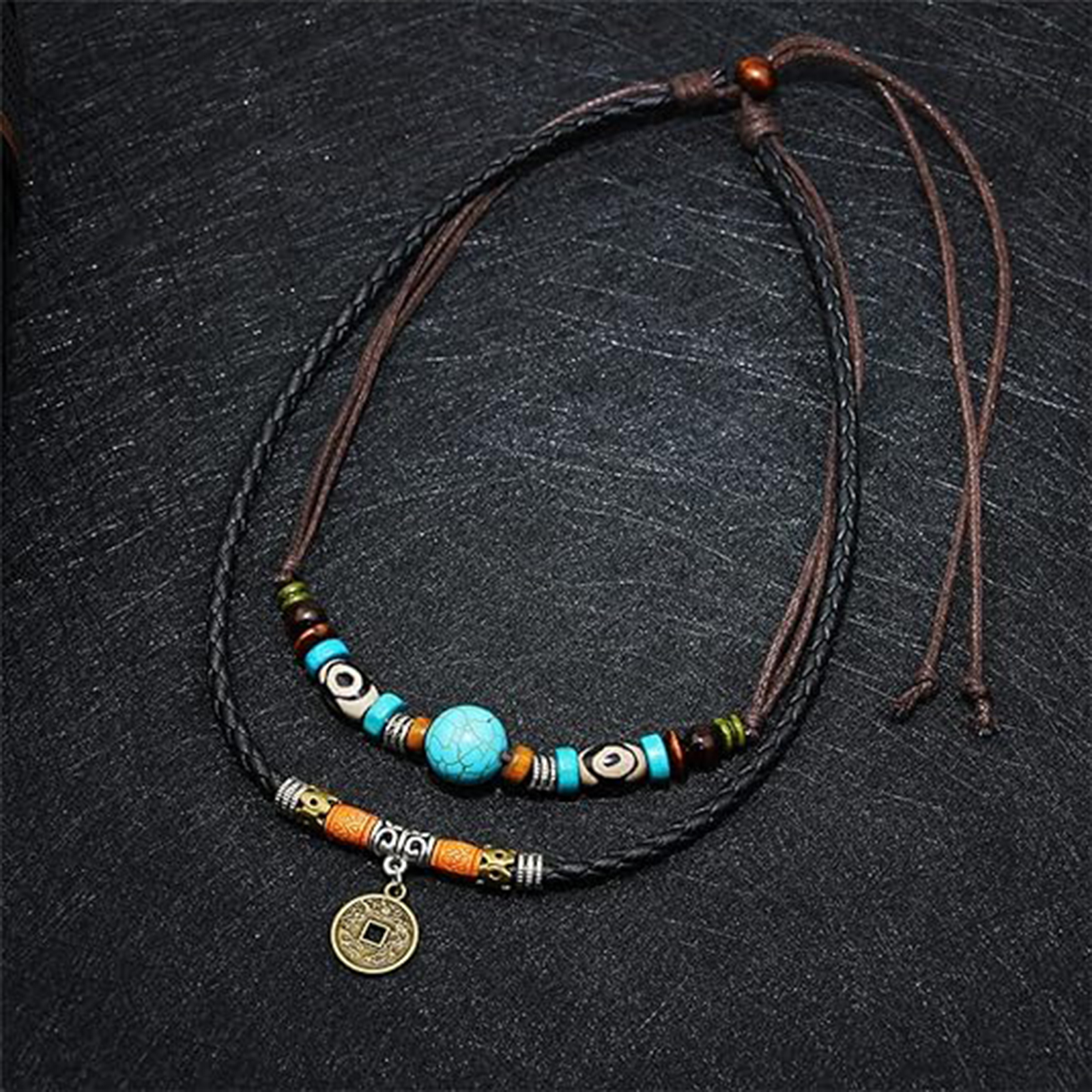 Leather Tribal Necklace with Cross Charm  and Teeth Pendant