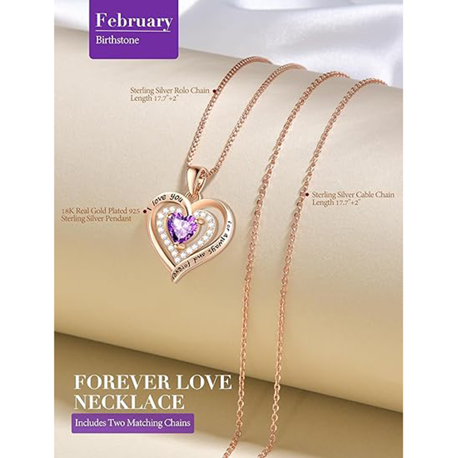 February Amethyst Birthstone Necklace in 18K Gold – Mom Gift