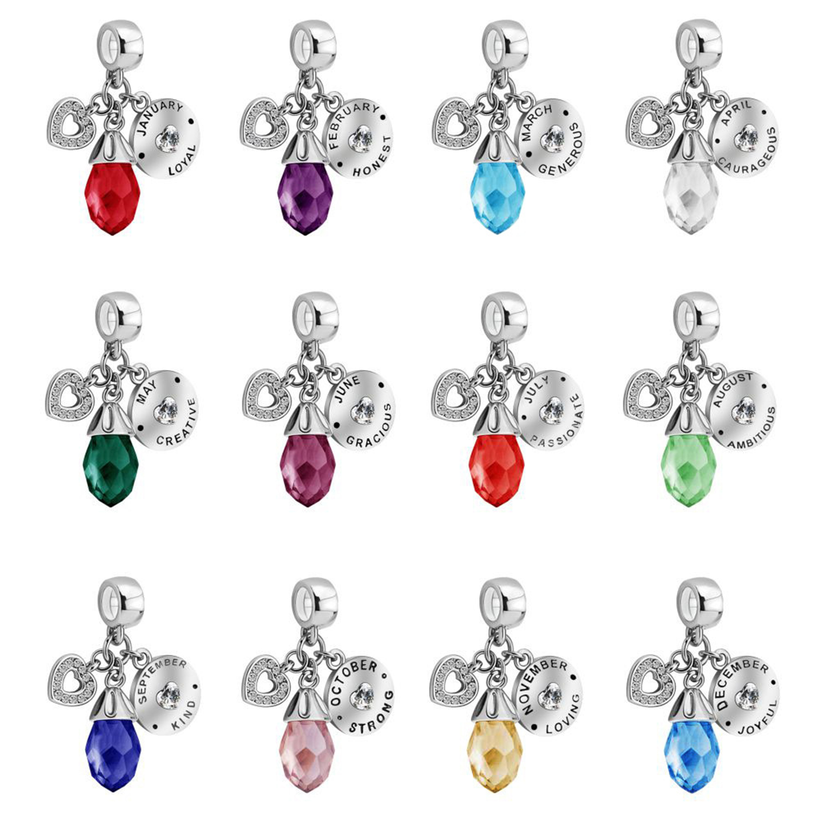 December Birthstone Heart Love Simulated Birthstone Charms for Bracelets-Birthstone Jewelry