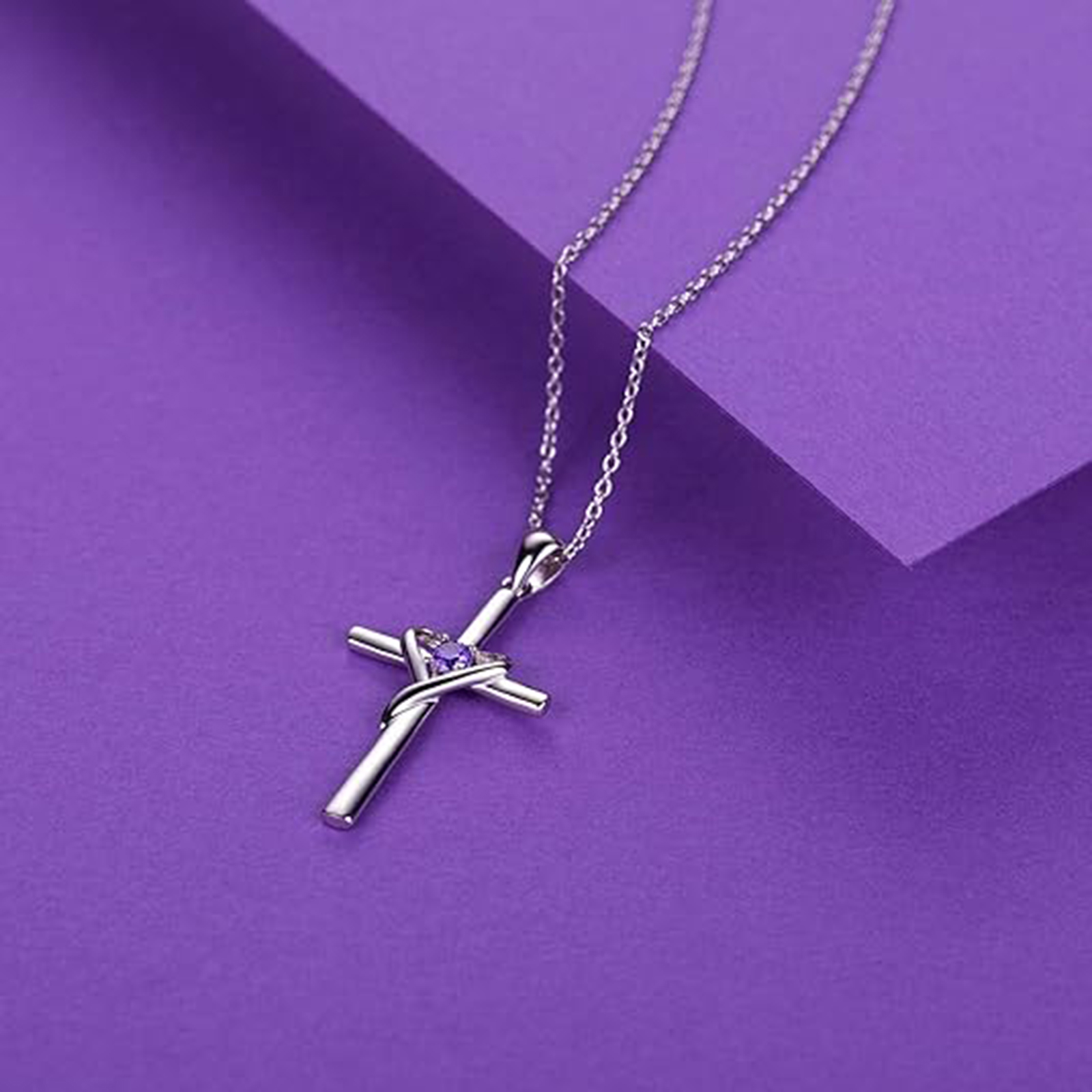 February Birthstone Cross Necklace for Women-Aquarius Birthstone