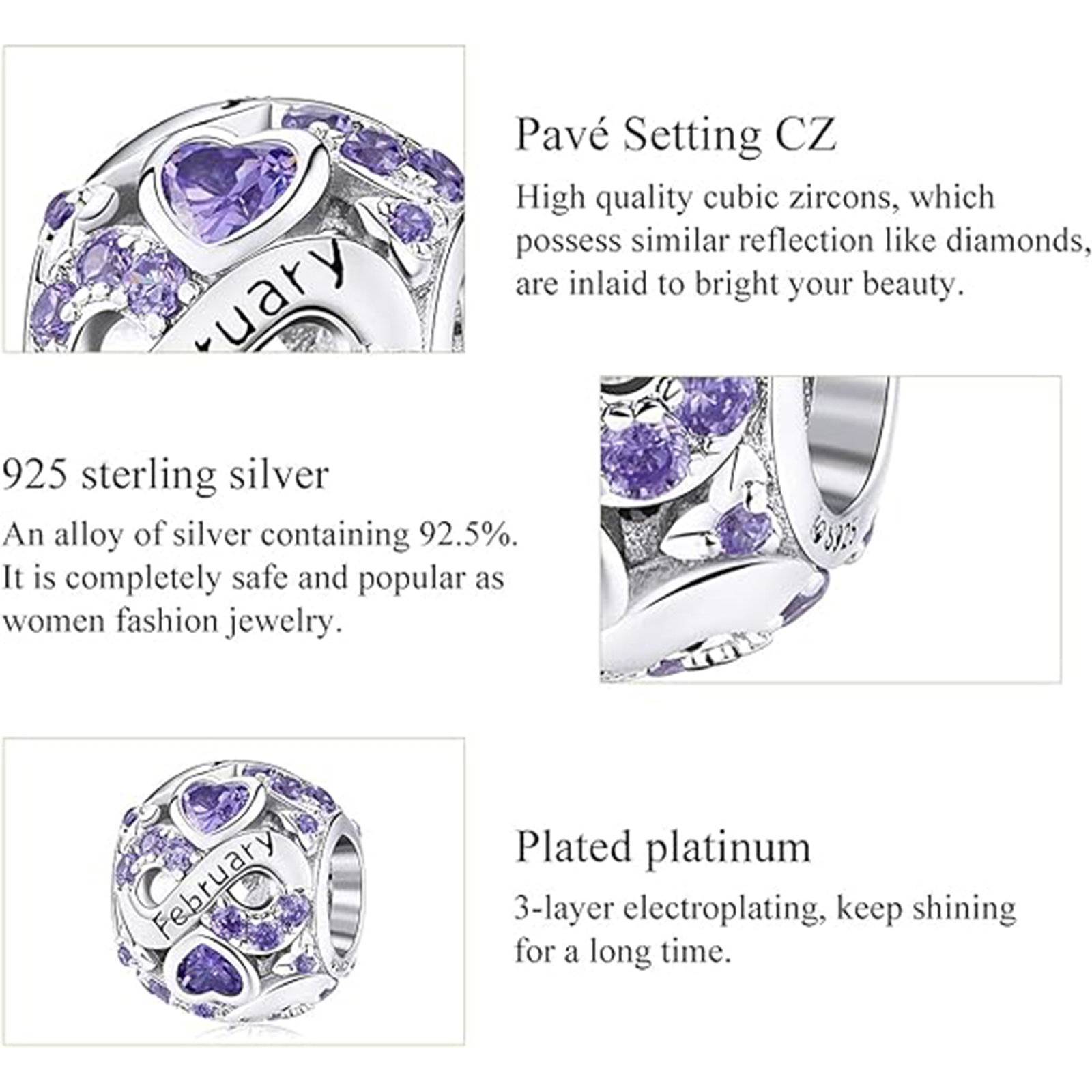 February Birthstone Birthstone Charm Jewelry Infinity Love Heart Charm Openwork Bead