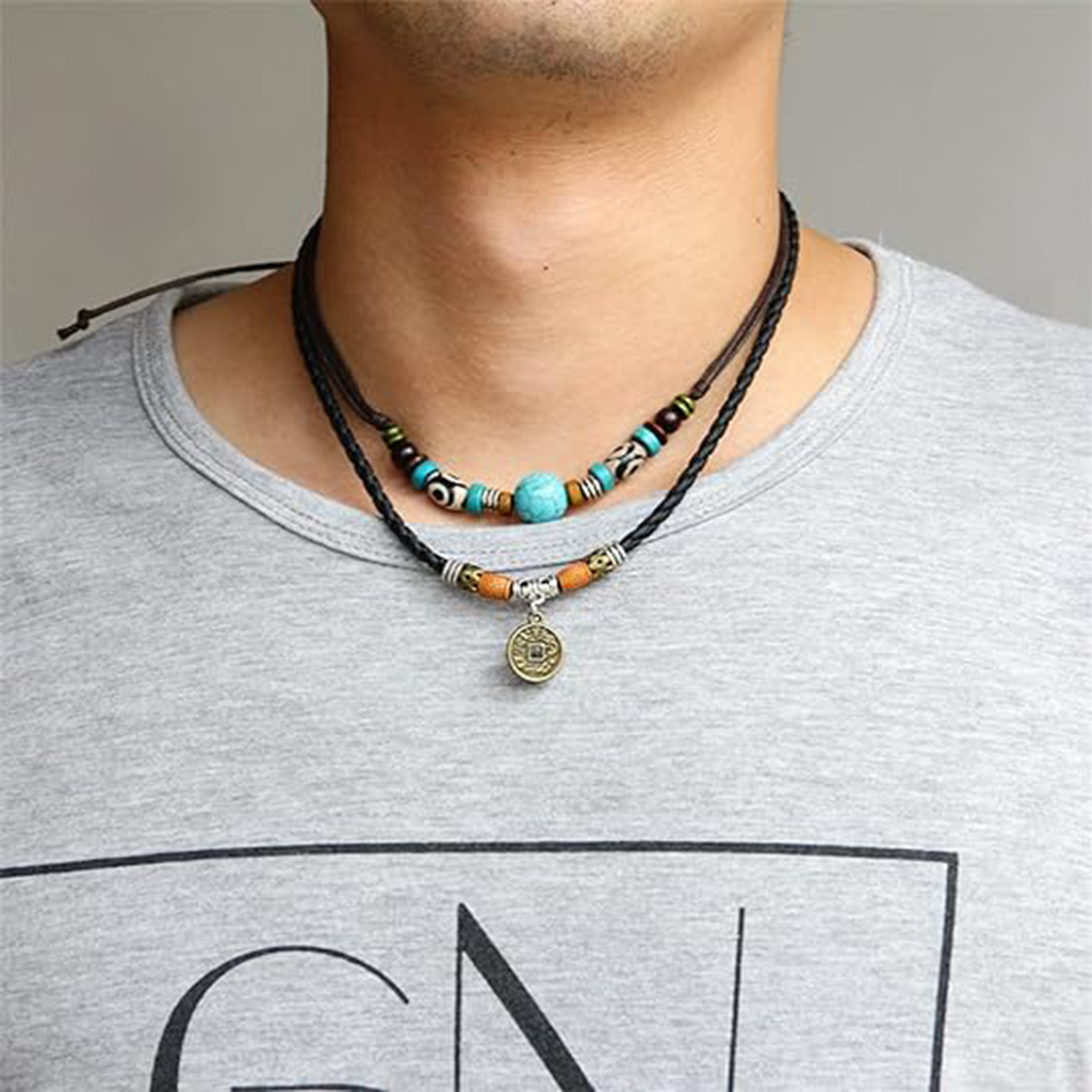 Leather Tribal Necklace with Cross Charm  and Teeth Pendant