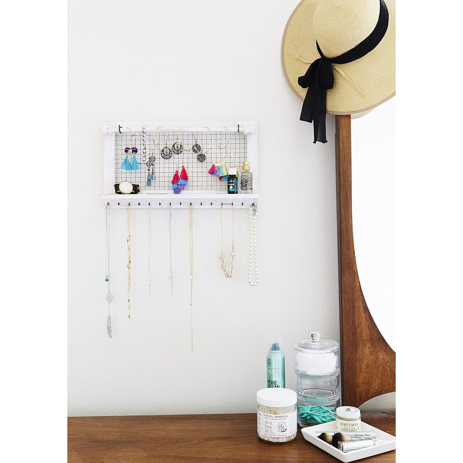 Wooden Wall-Mounted Jewelry Organizer – Removable Bracelet Rod & Earring Holder