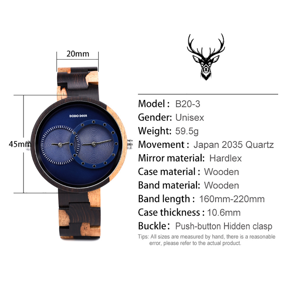 Men's watches wood watch double movement GMT dual time large dial-Birthstone Jewelry