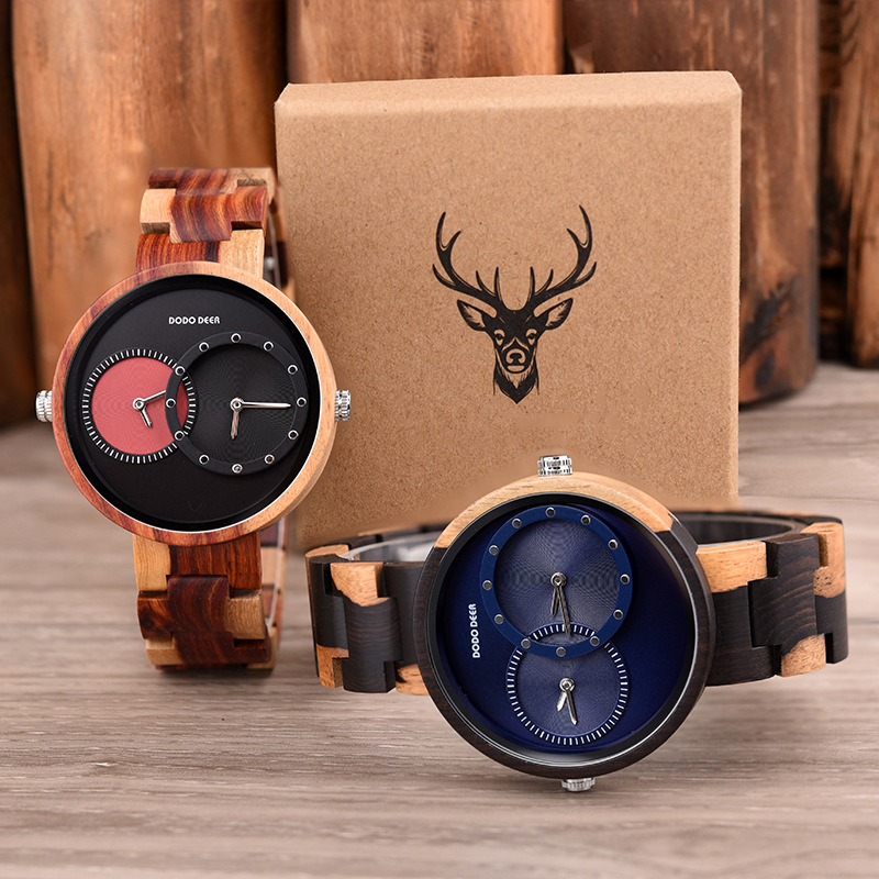 Men's watches wood watch double movement GMT dual time large dial-Birthstone Jewelry