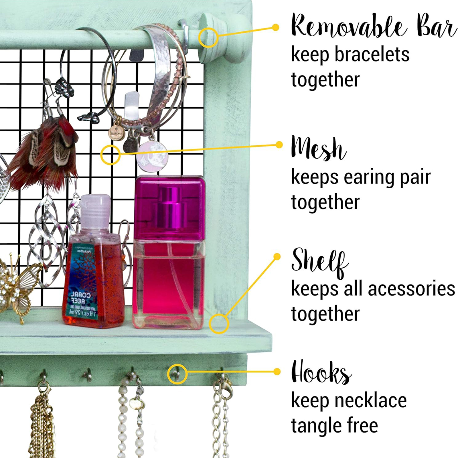 Wooden Wall-Mounted Jewelry Organizer – Removable Bracelet Rod & Earring Holder