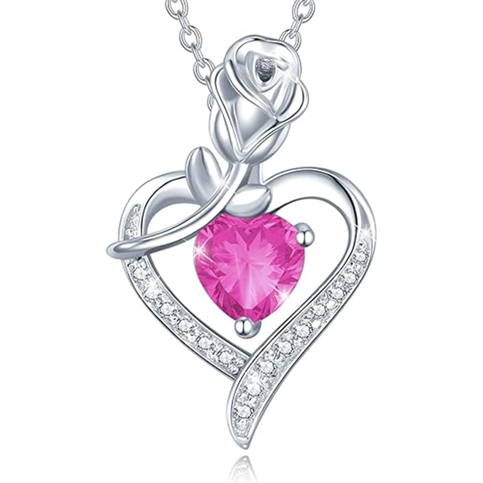October Birthstone Gemstone Rose Flower Heart Pendant Necklace-Birthstone Jewelry