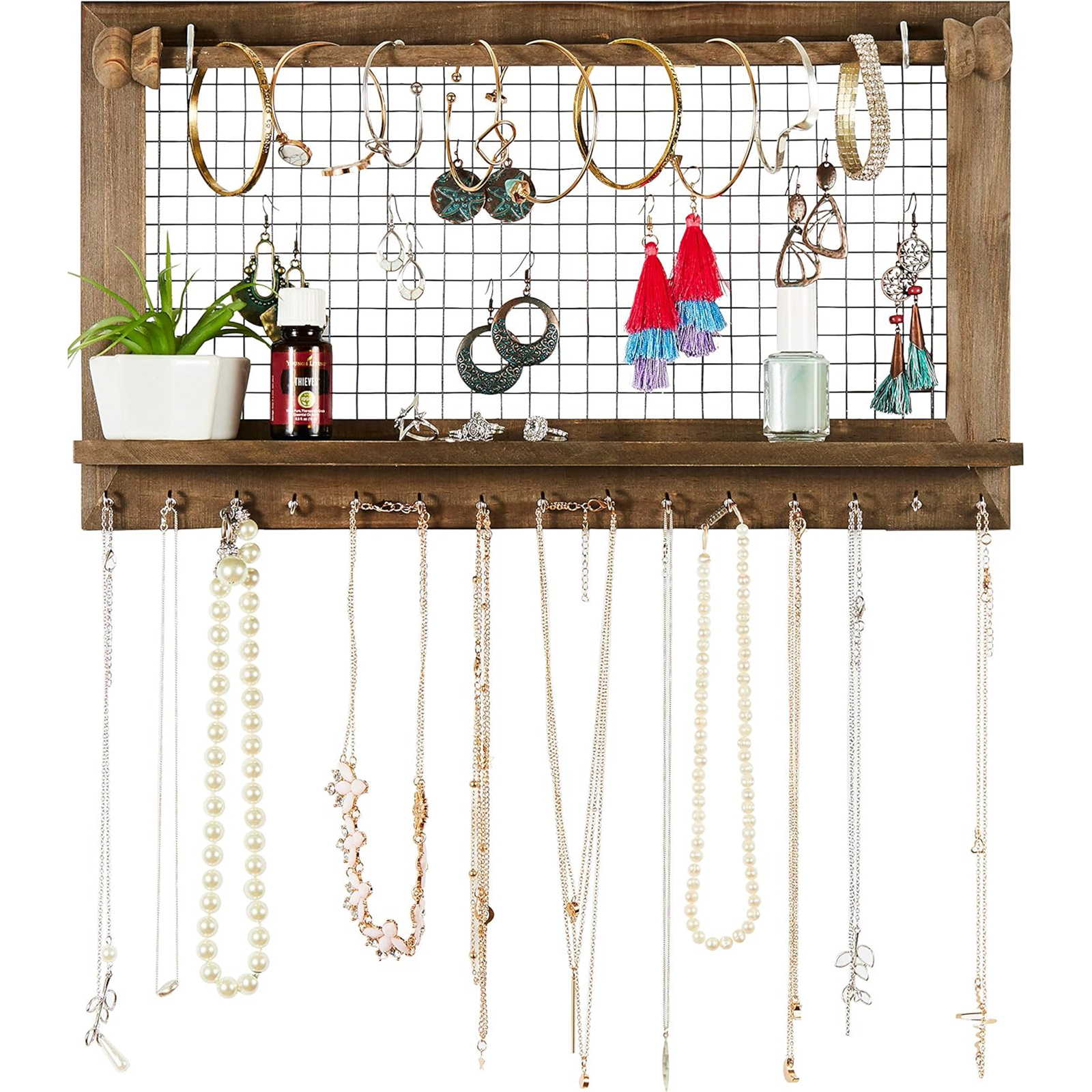 Wooden Wall-Mounted Jewelry Organizer – Removable Bracelet Rod & Earring Holder