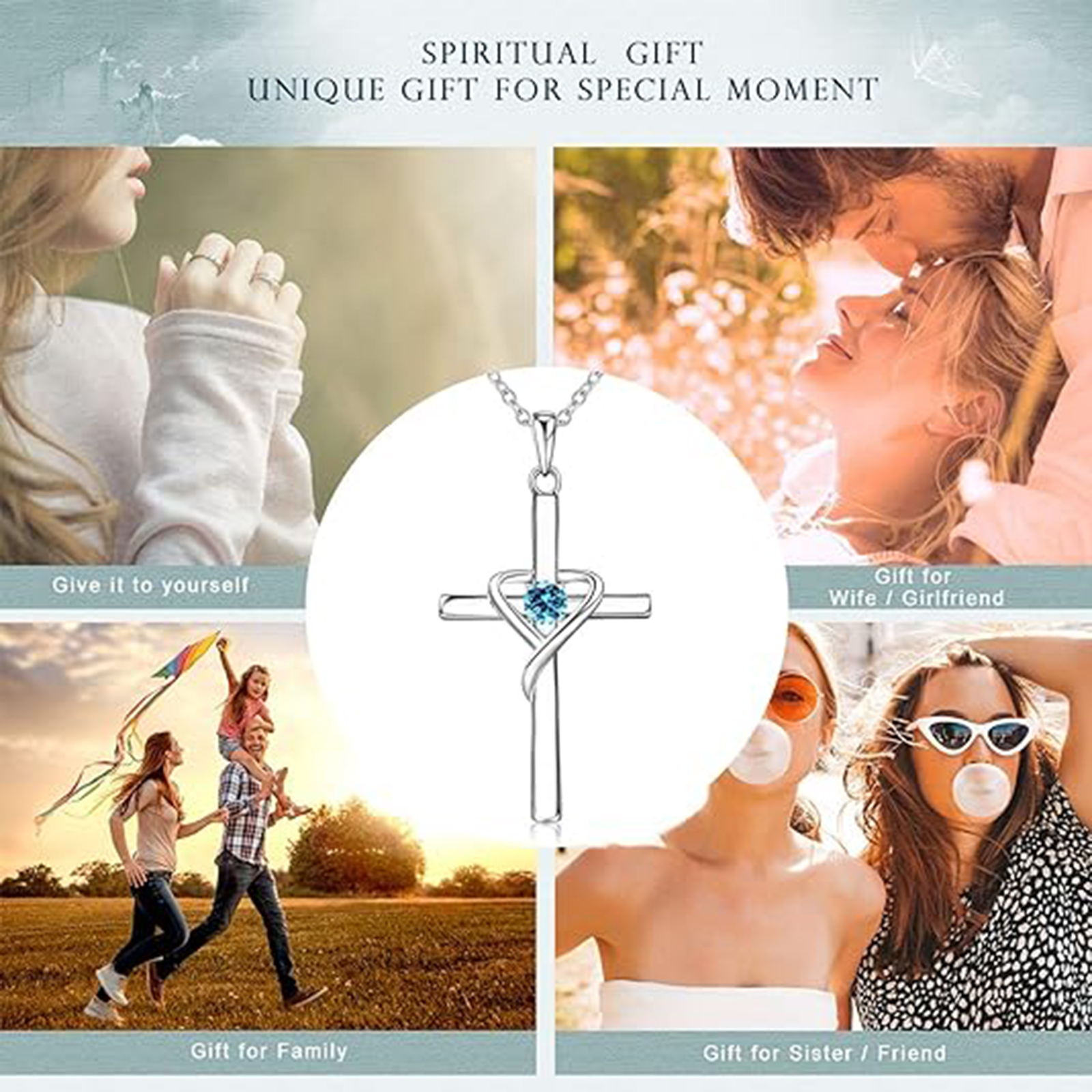 March Birthstone 925 Sterling Silver Cross Birthstone Necklaces-Pisces Birthstone-Birthstone Jewelry