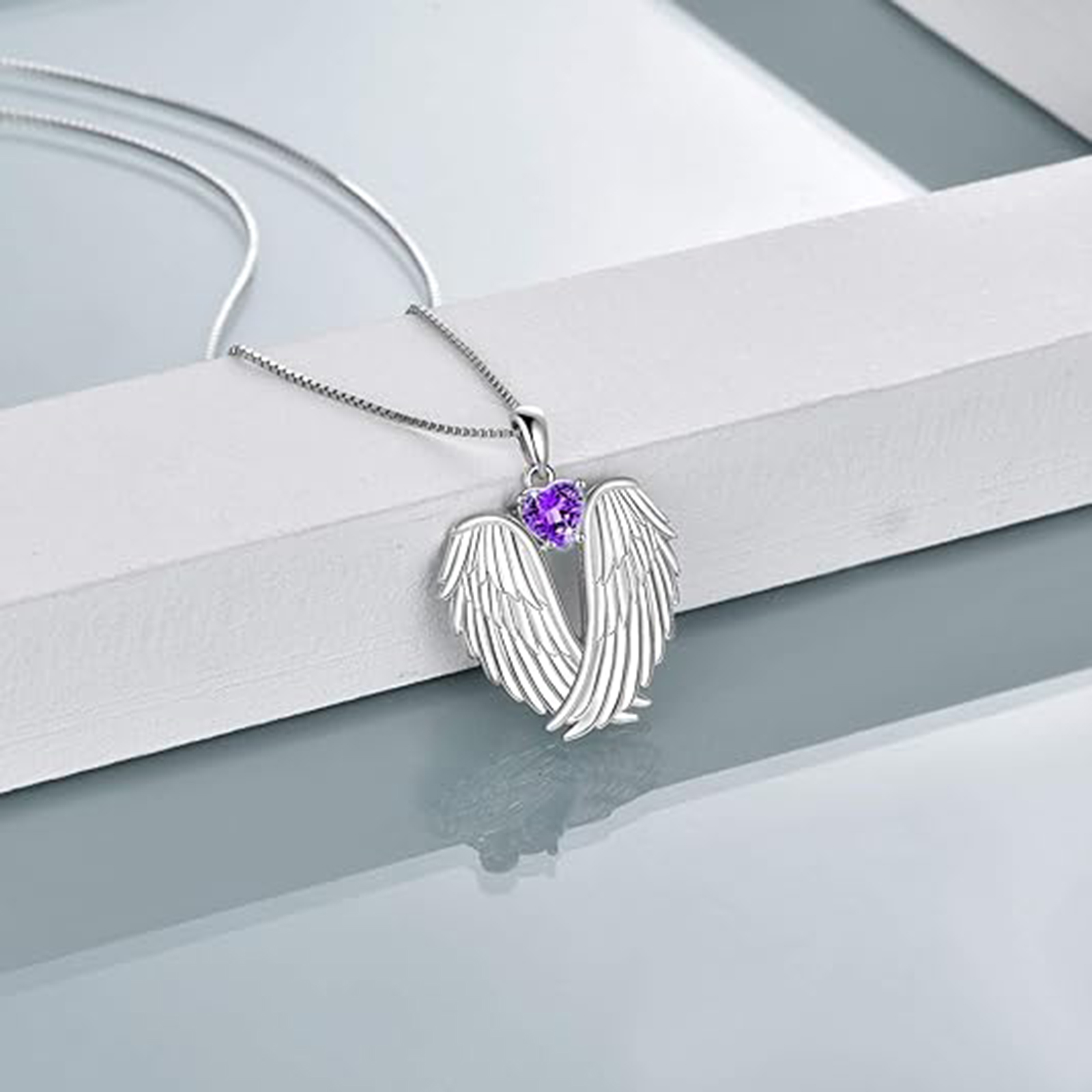 Feb Birthstone Angel Wings Necklace 925 Silver Xmas Gift Women